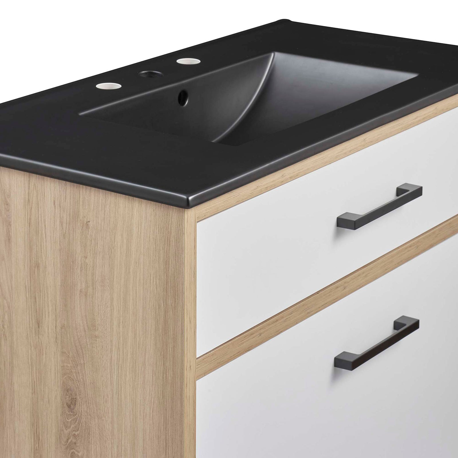 Refined black basin, crisp white drawer fronts, and modern metal pulls || EEI-6501-BLK-OAK || detail_studio