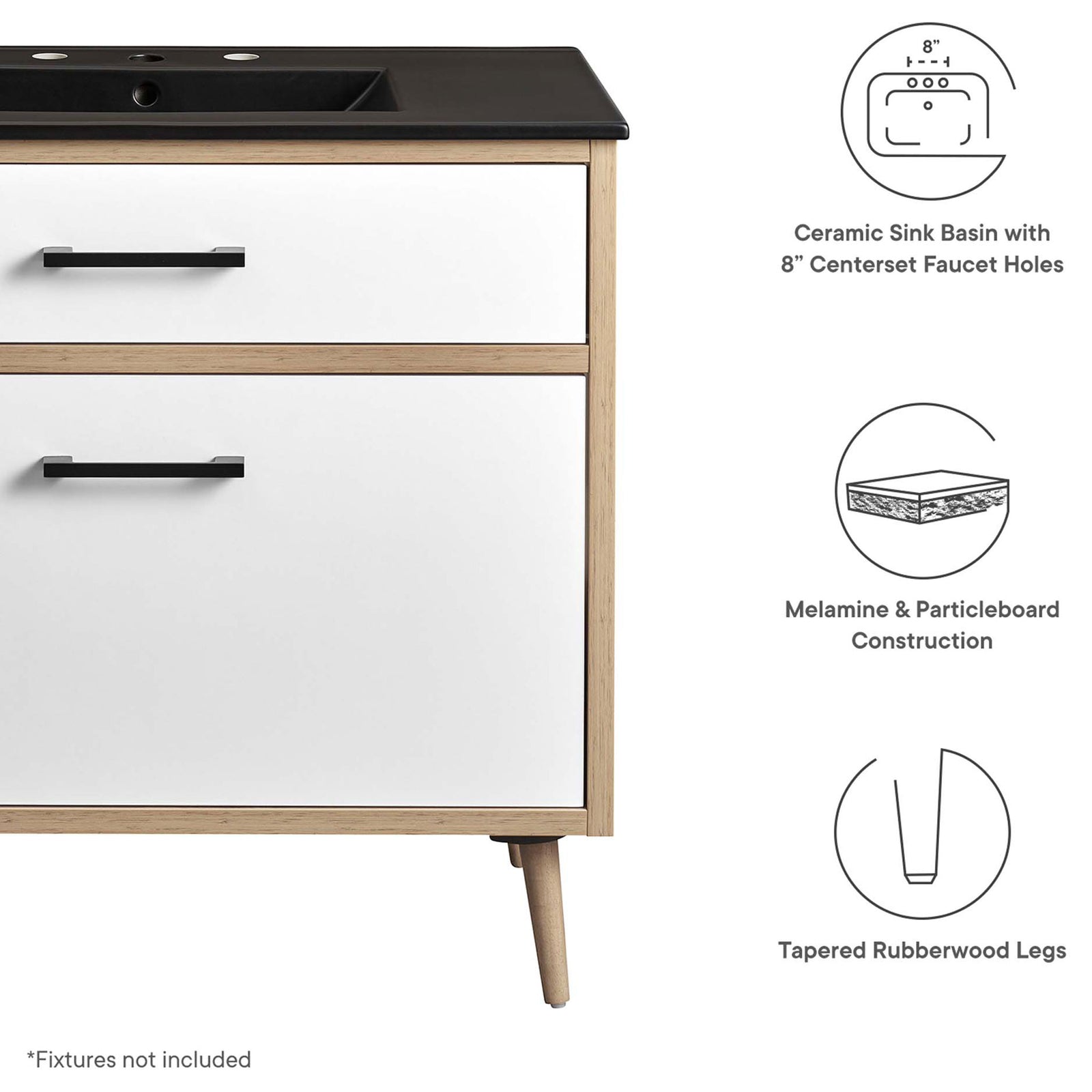 Feature highlights include a ceramic basin, melamine construction, and tapered rubberwood legs || EEI-6501-BLK-OAK || callout_studio