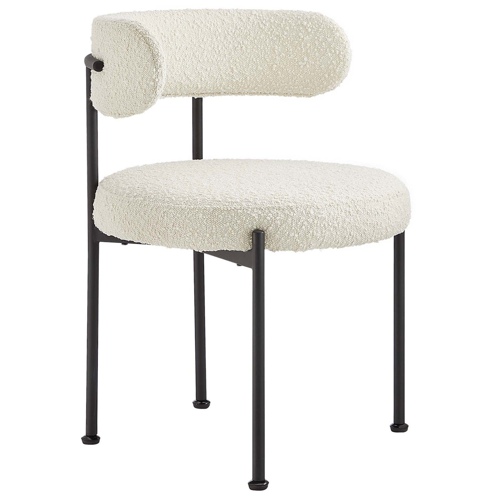 Ivory boucle dining chair with curved wraparound backrest and minimalist black metal legs. || EEI-6516-IVO-BLK || front_angle_studio