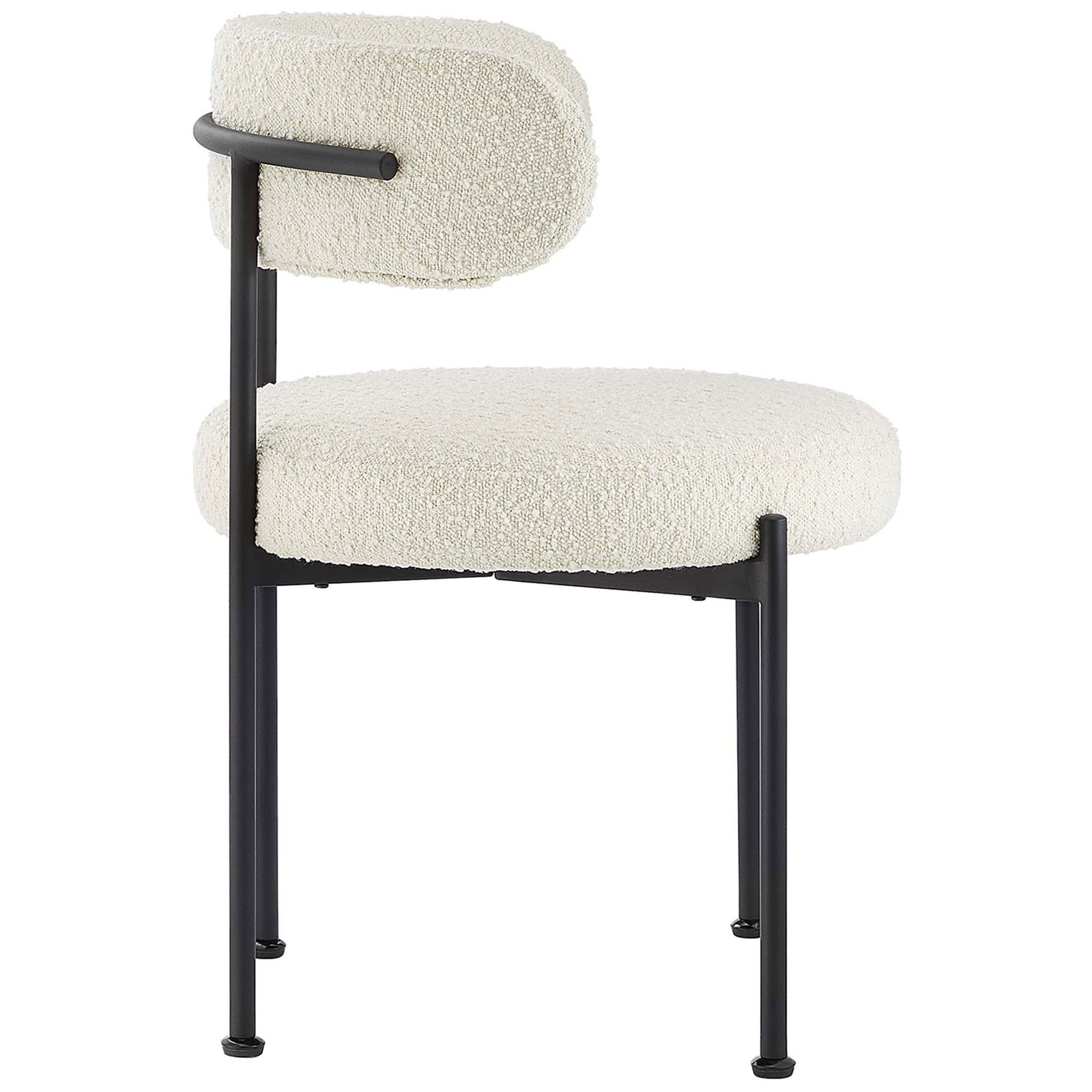 Ivory boucle dining chair with sculpted back cushion and slim black support rail. || EEI-6516-IVO-BLK || back_angle_studio