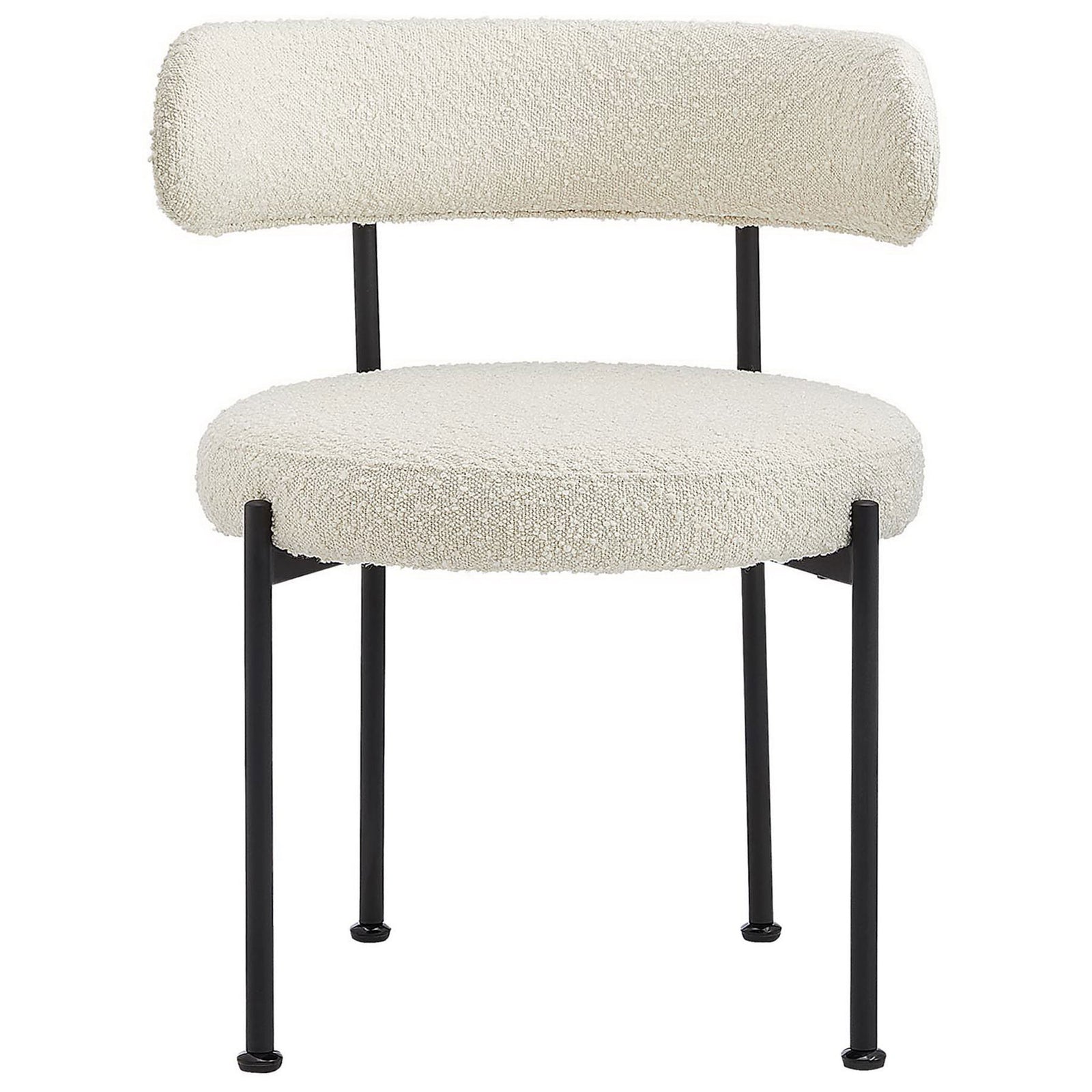 Modern ivory boucle dining chair featuring a low curved back and clean black metal frame. || EEI-6516-IVO-BLK || front_studio