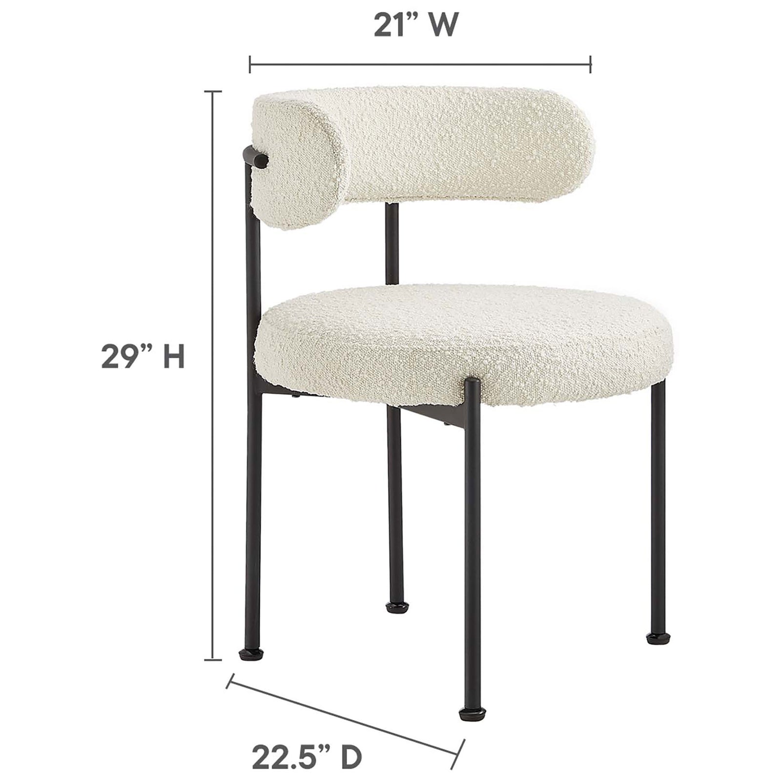 Ivory boucle dining chair with dimensions suited to compact, modern dining spaces. || EEI-6516-IVO-BLK || dimension_studio