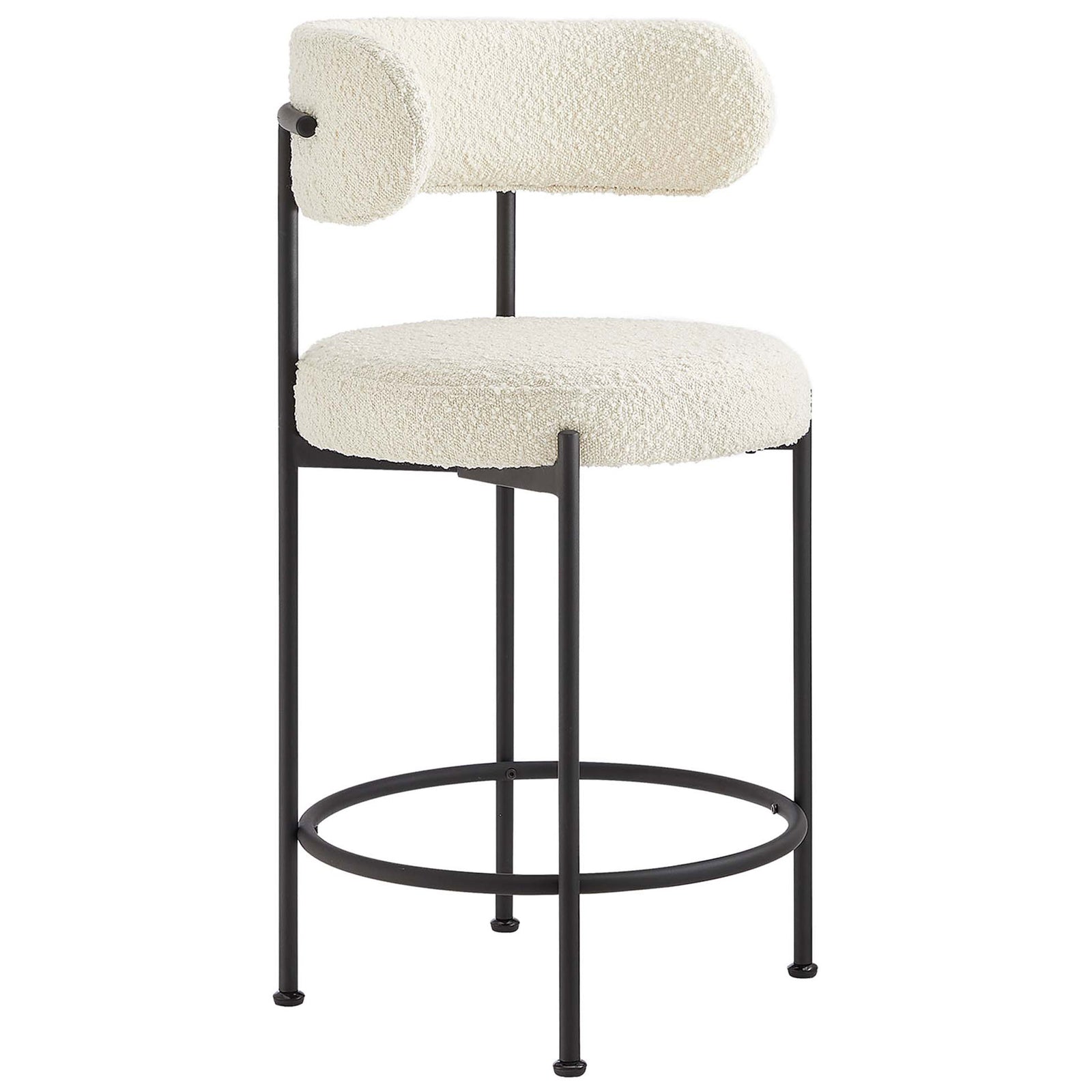 Boucle counter stool with a rounded seat and supportive curved back. || EEI-6518-IVO-BLK || front_angle_studio