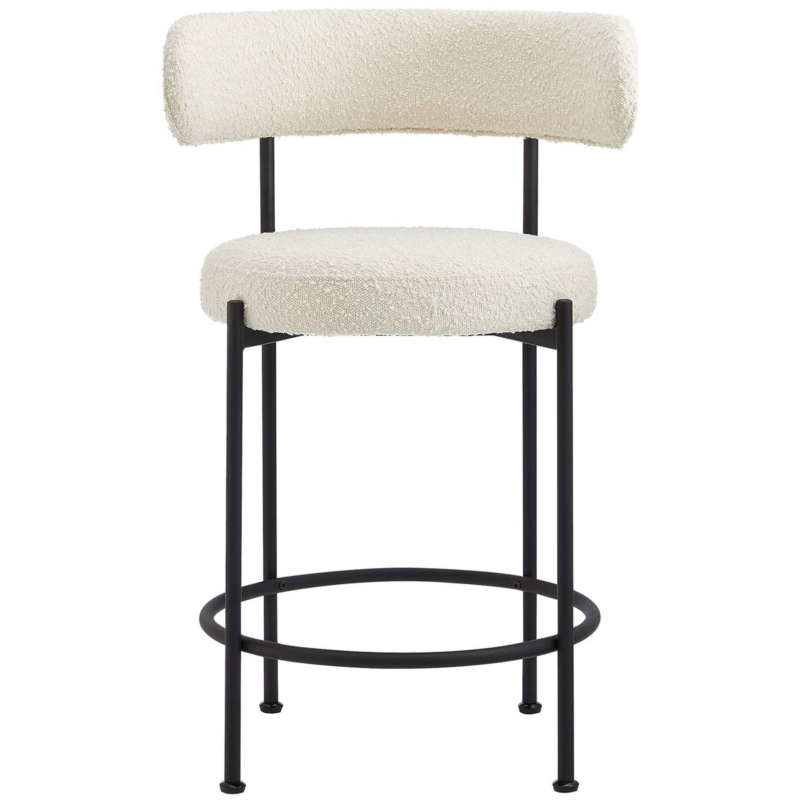 Plush boucle upholstery pairs with a minimalist black metal frame. || EEI-6518-IVO-BLK || front_studio