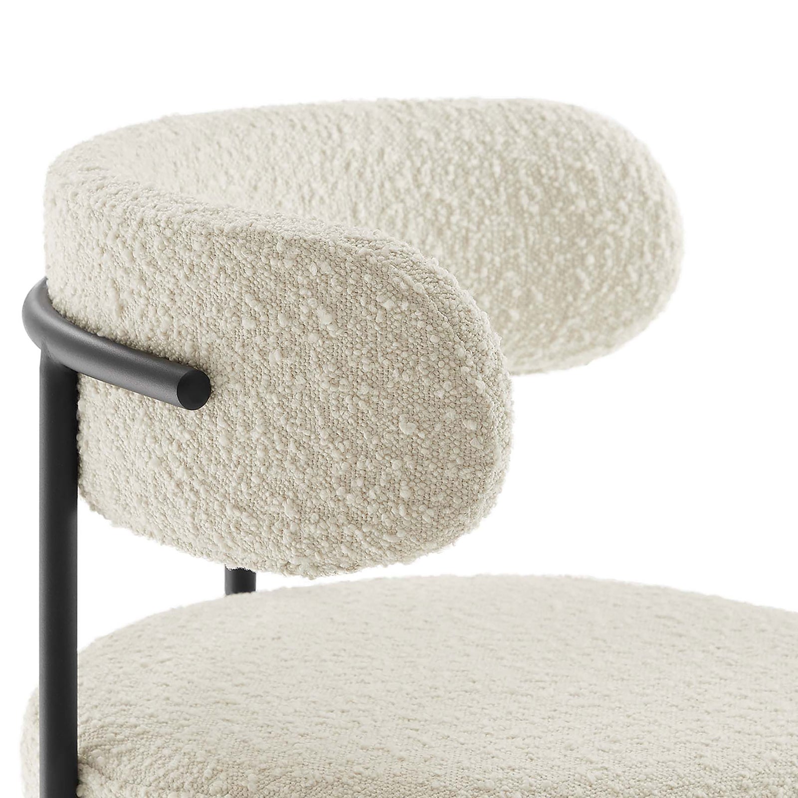 Textured ivory boucle and plush cushioning bring inviting comfort. || EEI-6518-IVO-BLK || detail_studio
