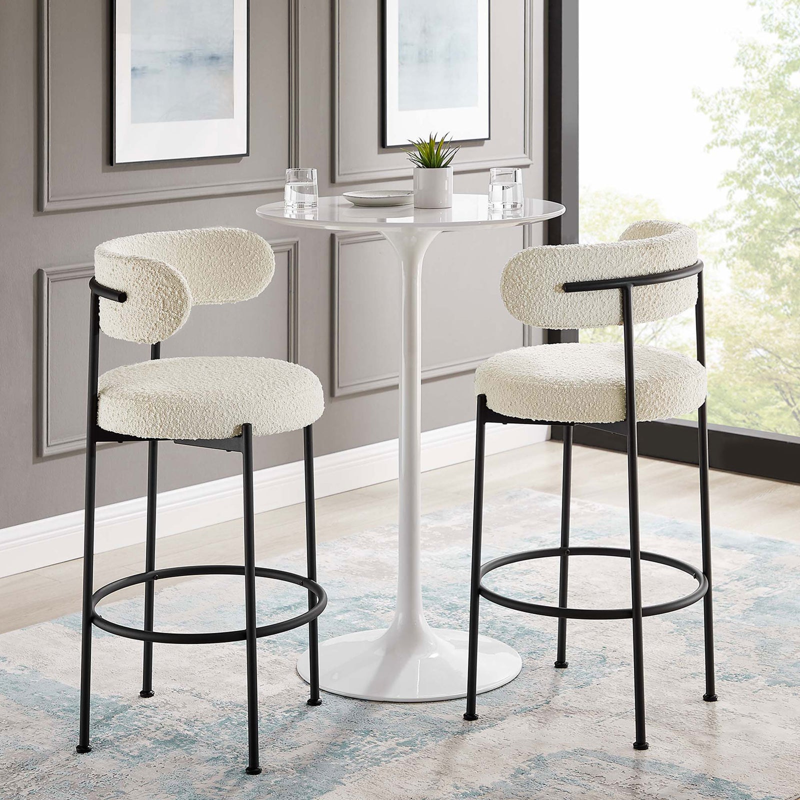 Pair of bar stools completes a sleek cafe-inspired nook. || EEI-6520-IVO-BLK || front_angle_multi_room
