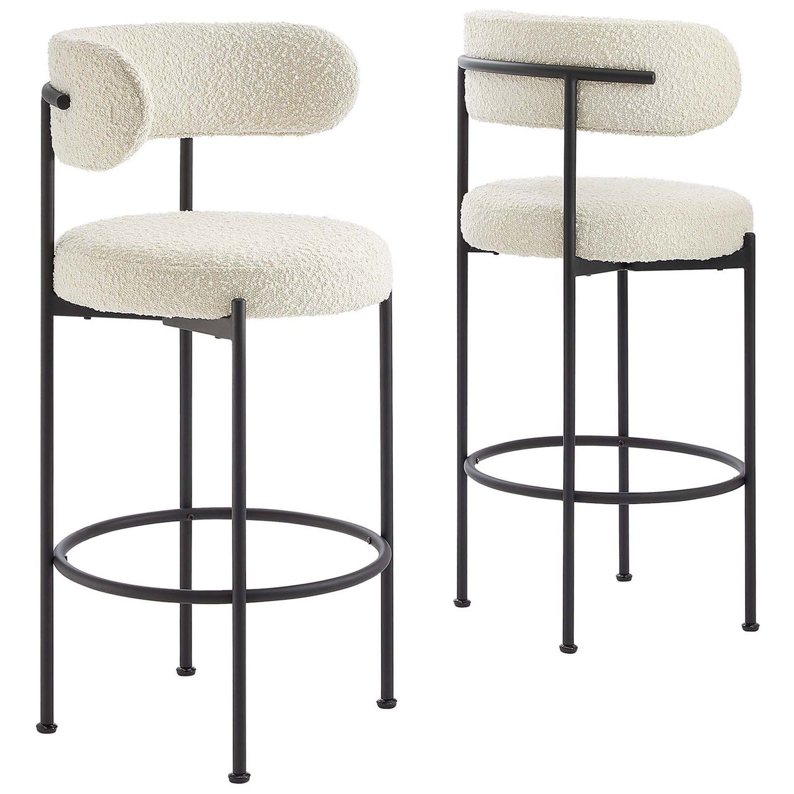 Set of two boucle bar stools with curved backrests and circular footrests. || EEI-6520-IVO-BLK || front_angle_multi_studio
