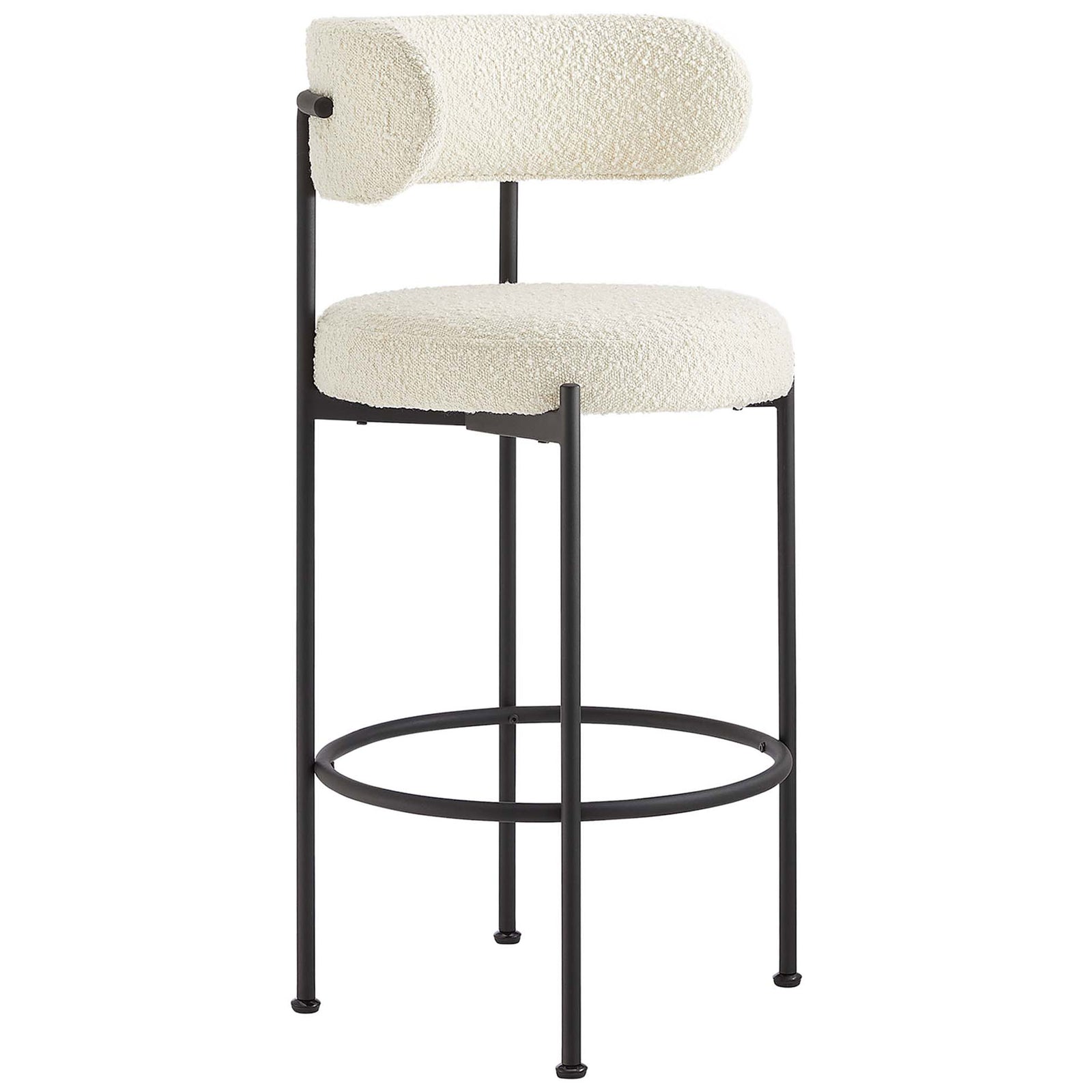Boucle bar stool with a plush round seat and wraparound back. || EEI-6520-IVO-BLK || front_angle_studio