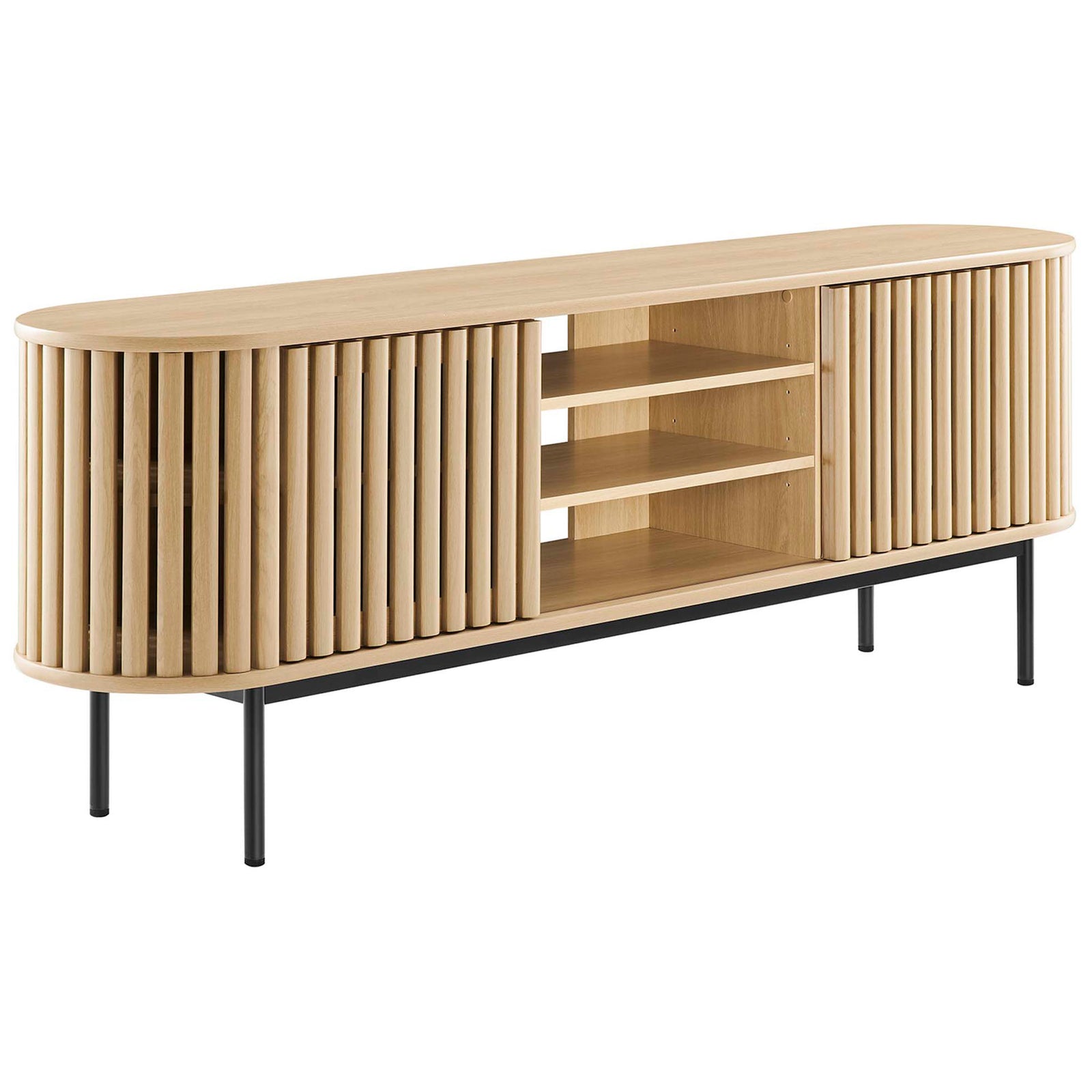 Oval oak TV stand with slatted sliding doors and open center shelves on slim black metal legs || EEI-6522-OAK || front_angle_studio