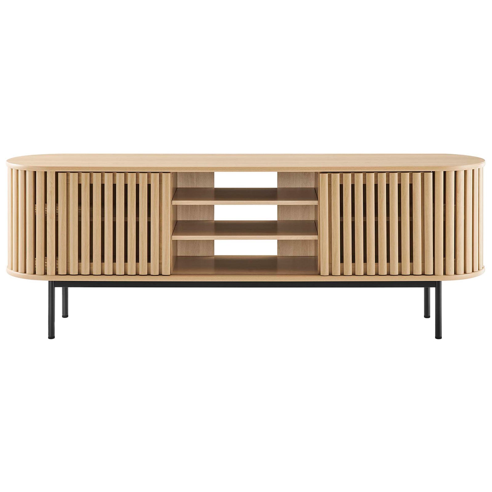 Oak TV stand with open center shelves framed by slatted sliding doors and elevated on black metal legs || EEI-6522-OAK || front_studio