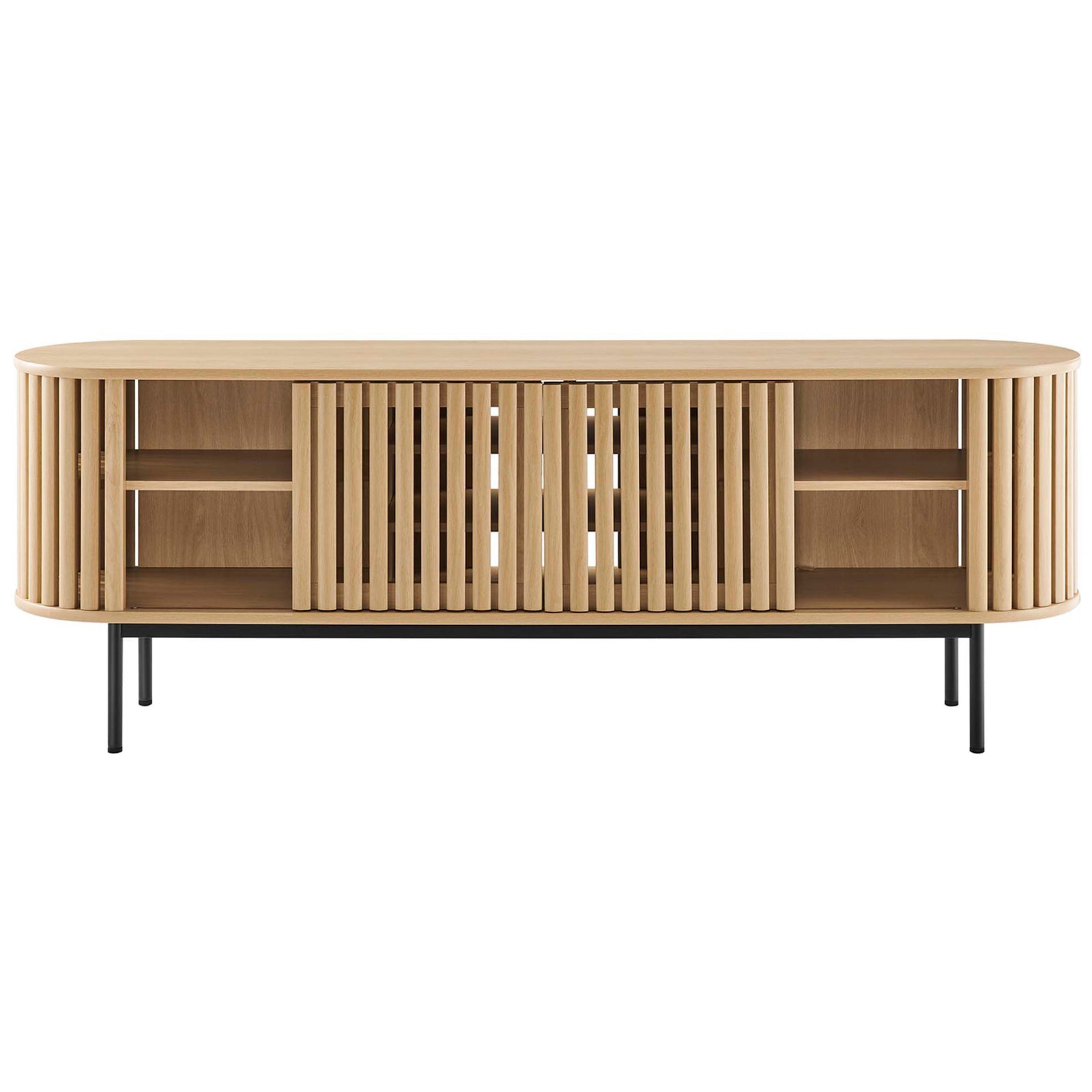 Oak TV stand with slatted doors closed across the center and open shelving at both ends for storage || EEI-6522-OAK || front_studio