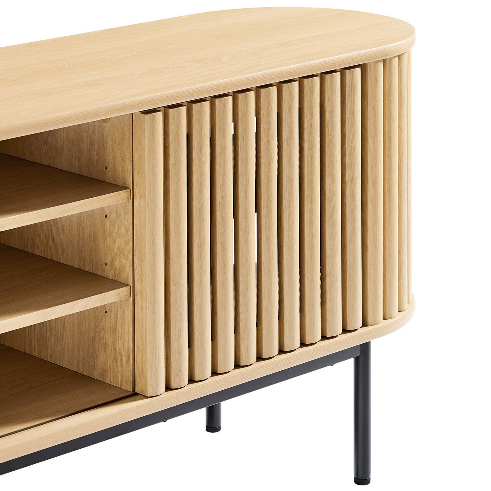 Smooth rounded oak tabletop meets vertical timber slats and slim black leg for a refined media console look || EEI-6522-OAK || detail_studio