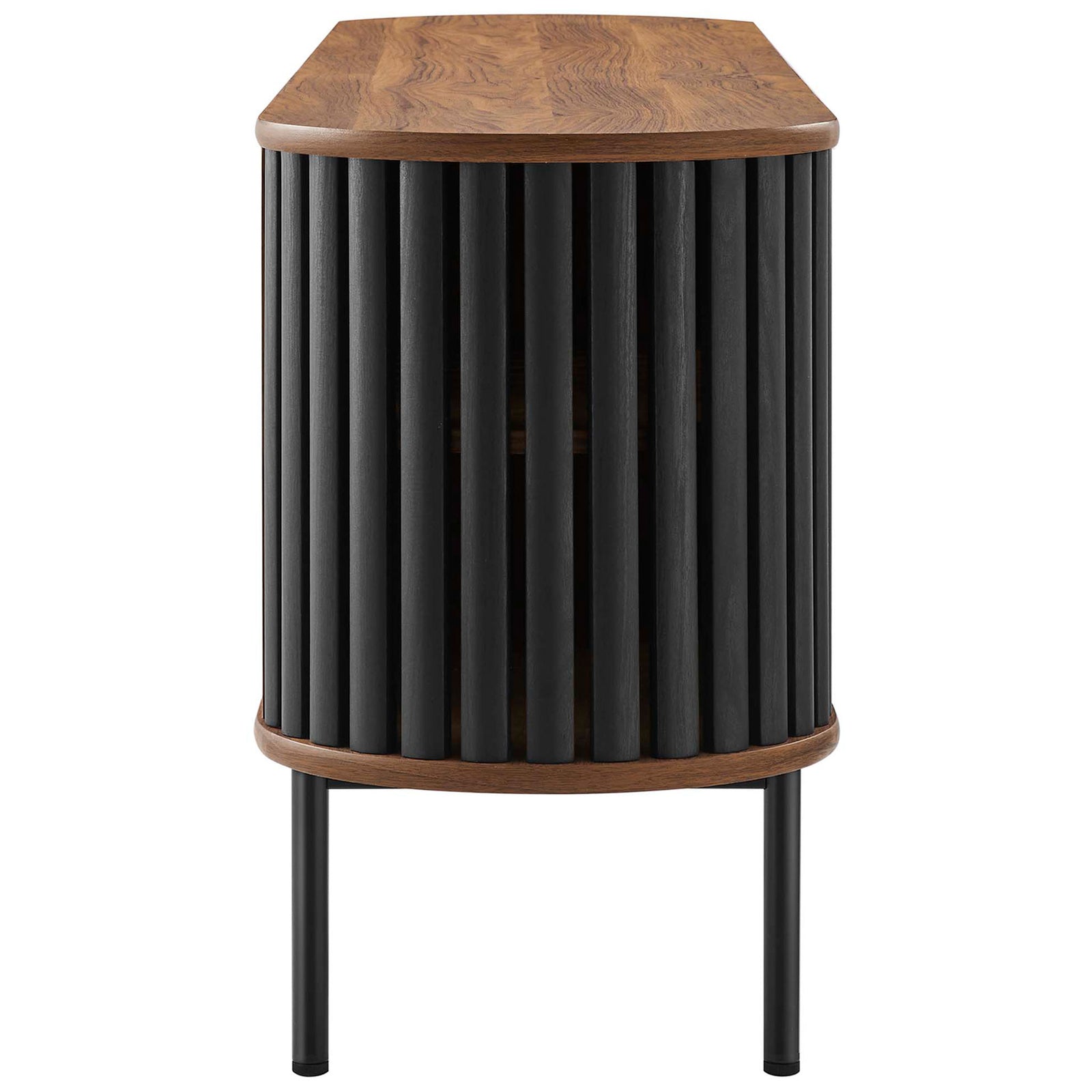 Rounded walnut TV stand end with bold black timber slats and streamlined black metal legs || EEI-6522-WAL-BLK || side_studio
