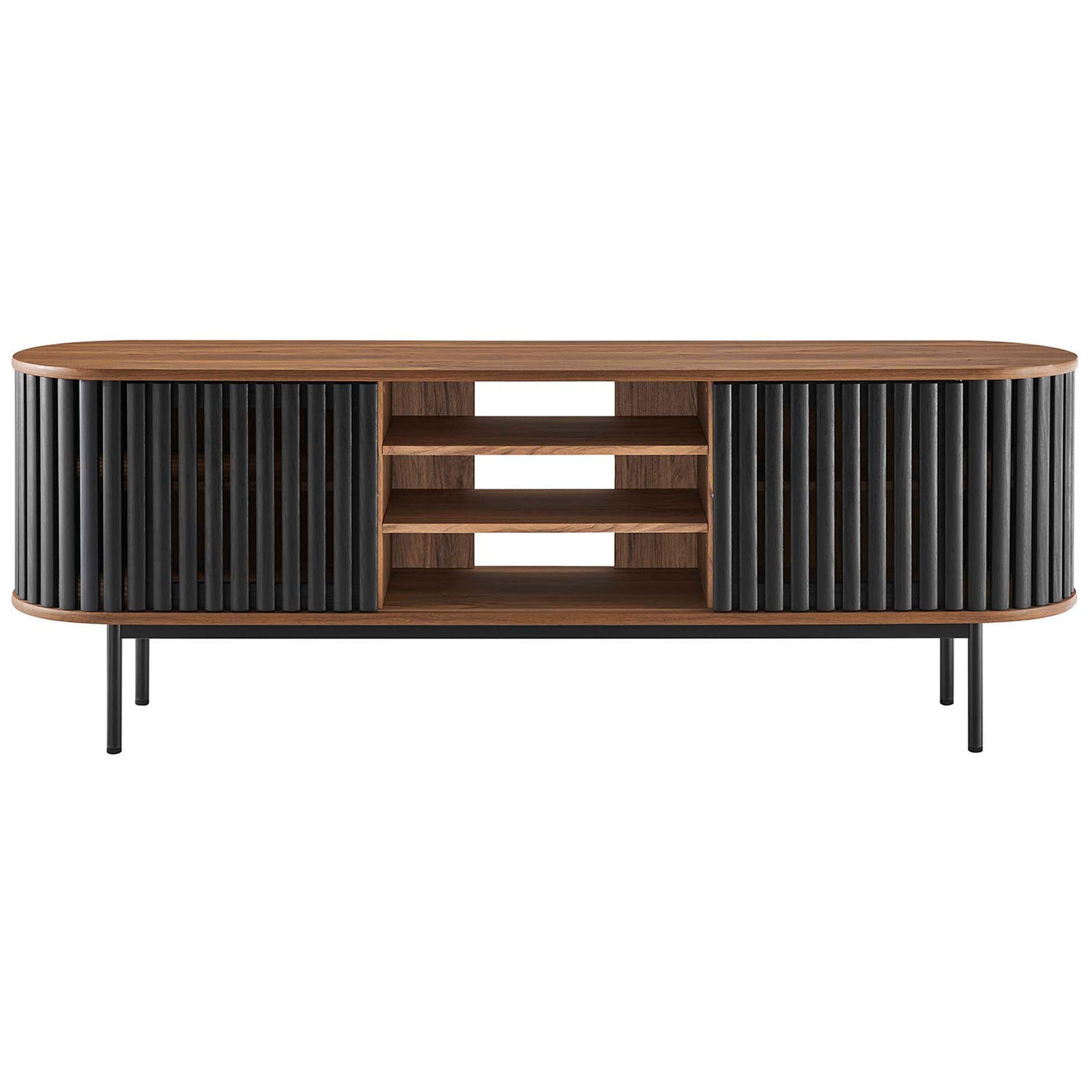 Walnut and black TV stand with open center shelves flanked by sliding slatted doors on a metal base || EEI-6522-WAL-BLK || front_studio