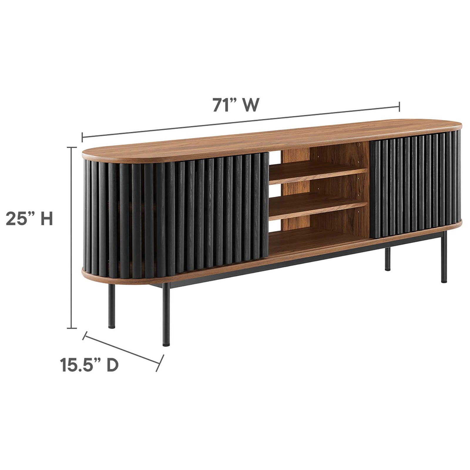 Generous 71 inch walnut and black TV stand sized to support large screens with open shelf storage || EEI-6522-WAL-BLK || dimension_studio