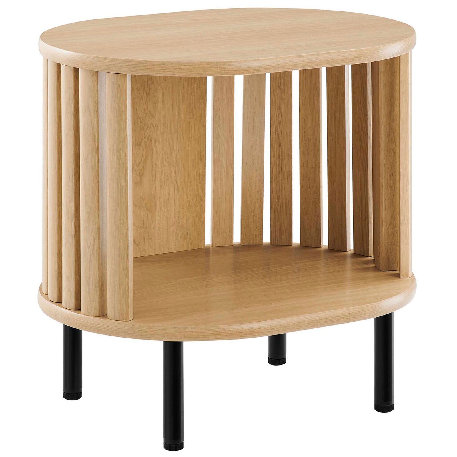 Modern oak oval side table with open center shelf and slim black metal legs || EEI-6523-OAK || front_angle_studio