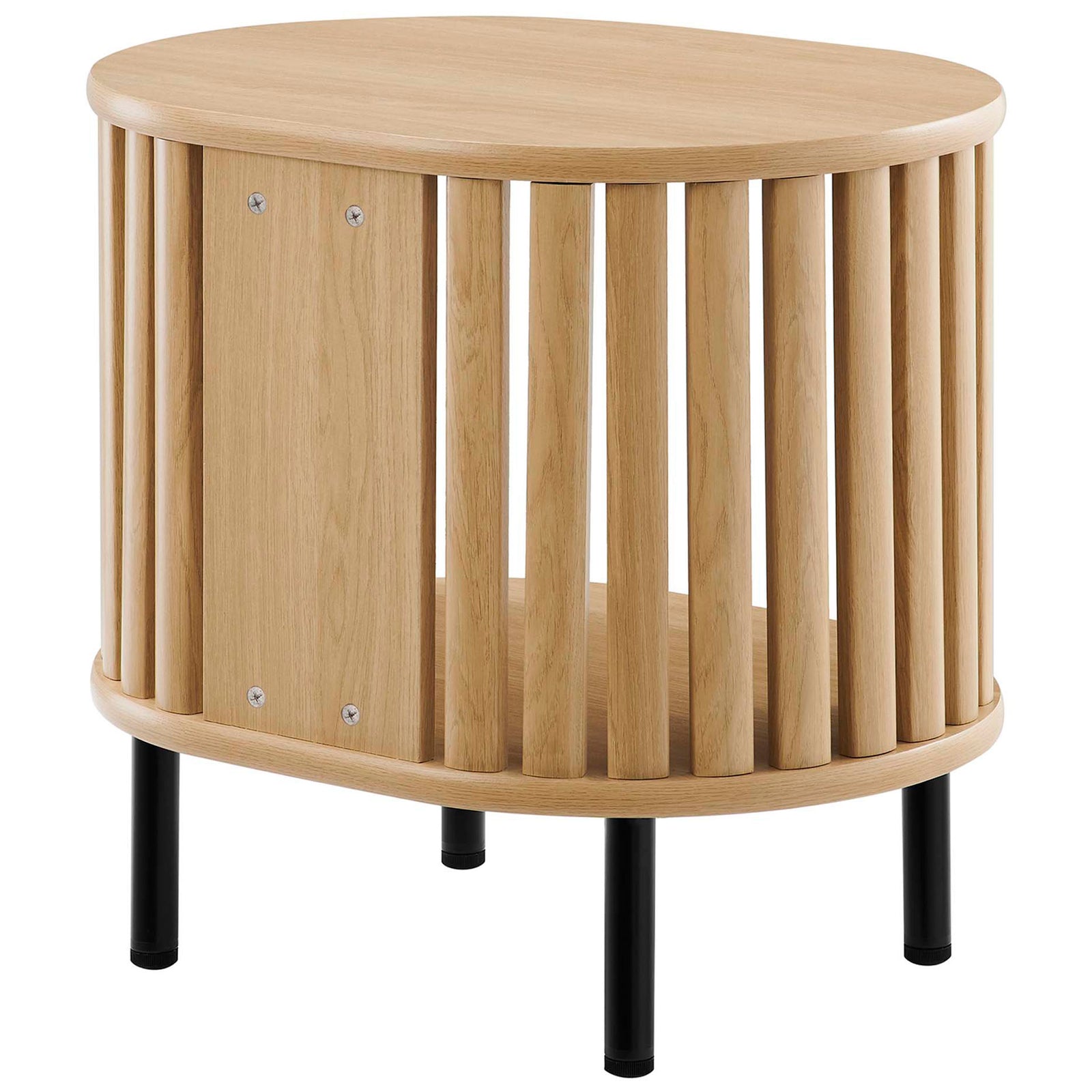 Oak side table featuring a solid back panel with metal fasteners and rounded slatted sides || EEI-6523-OAK || back_angle_studio