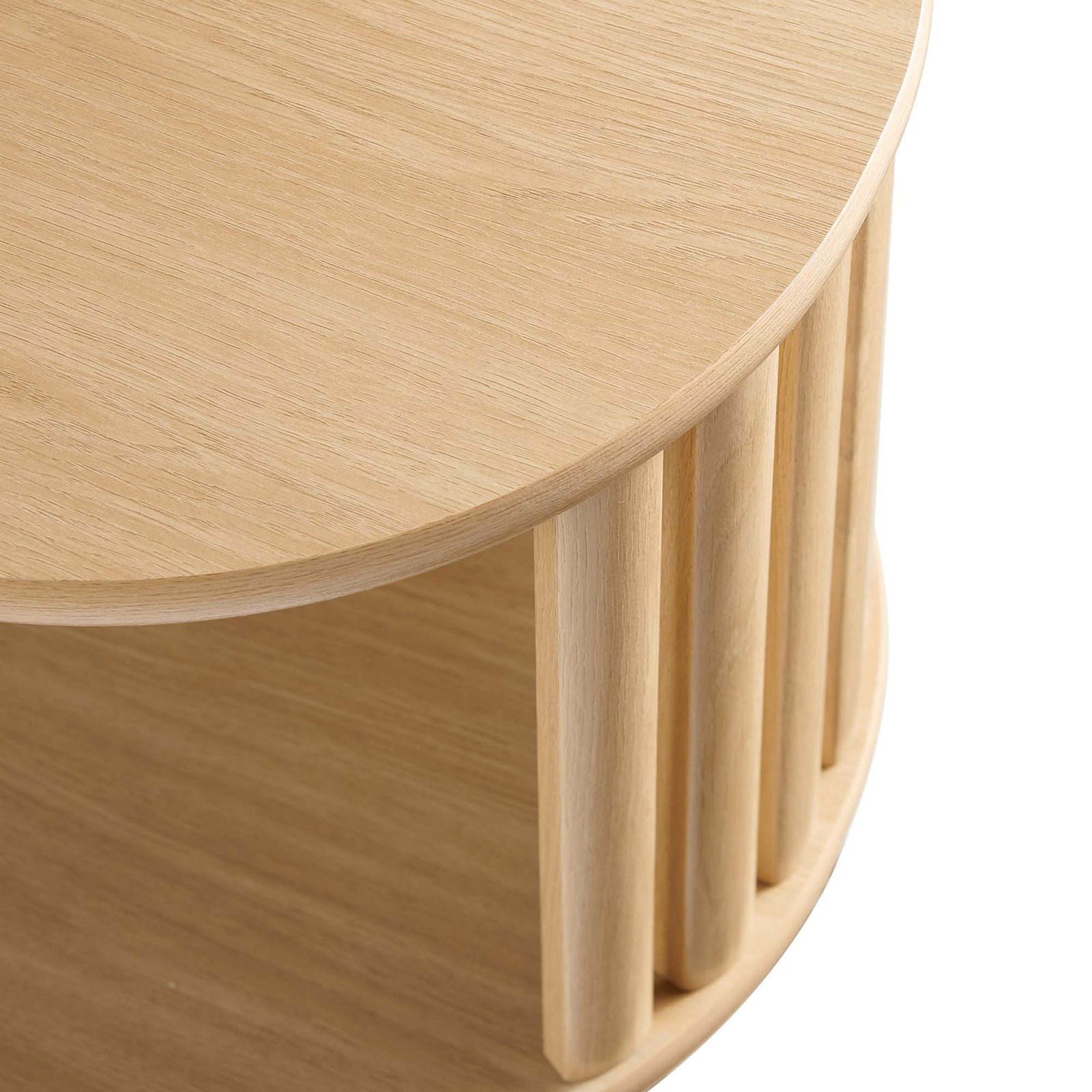 Smooth oak wood grain tabletop with rounded edge and coordinating slatted base detail || EEI-6523-OAK || detail_studio