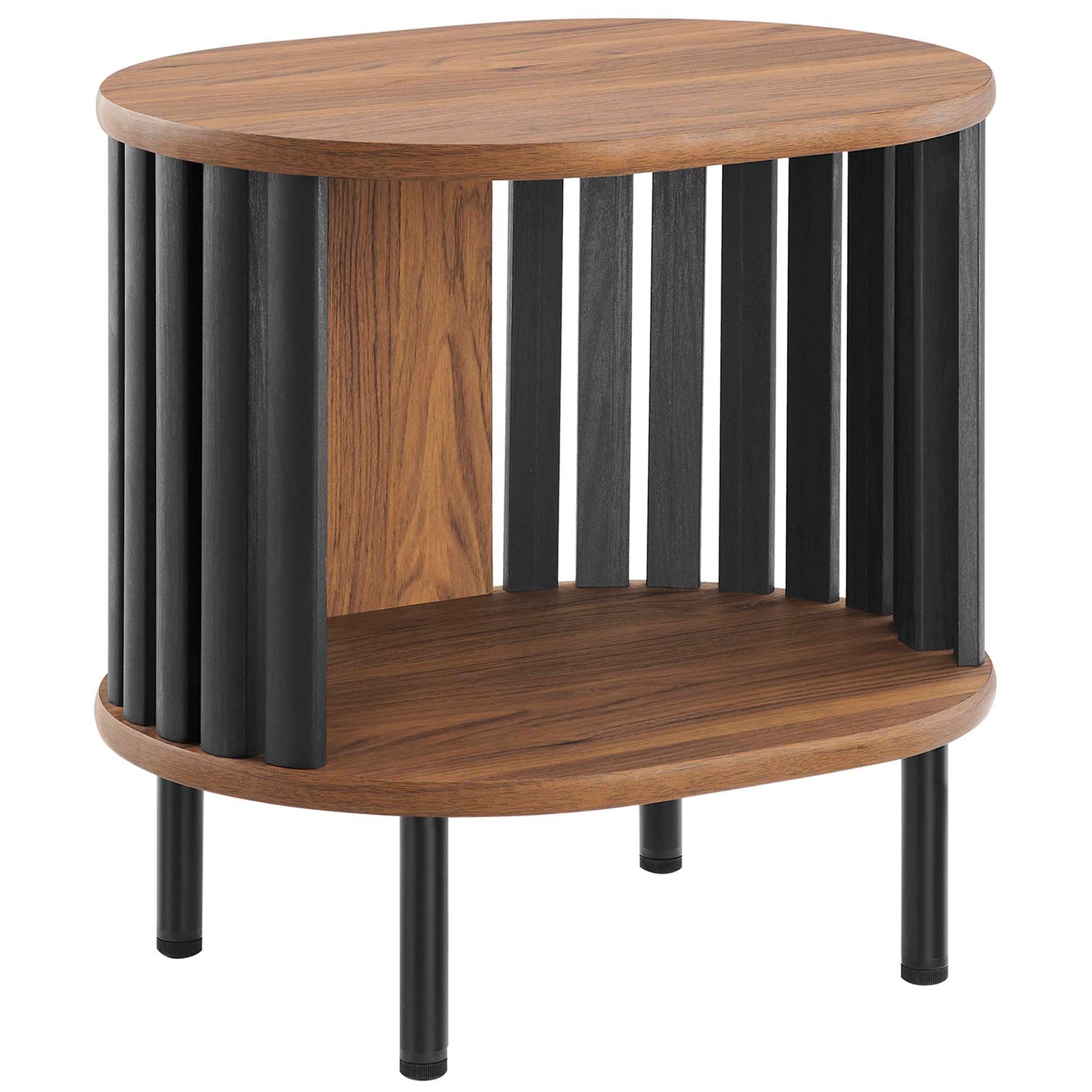 Oval walnut side table with open center shelf and black slatted sides on round metal legs || EEI-6523-WAL-BLK || front_angle_studio
