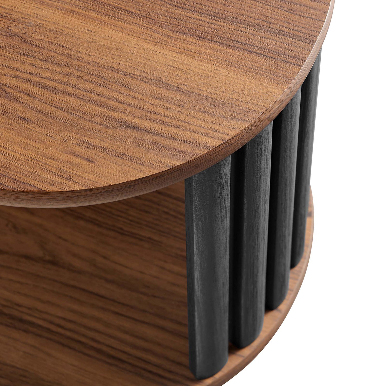 Smooth walnut tabletop with rounded black slats highlighting the side table's rich texture || EEI-6523-WAL-BLK || detail_studio
