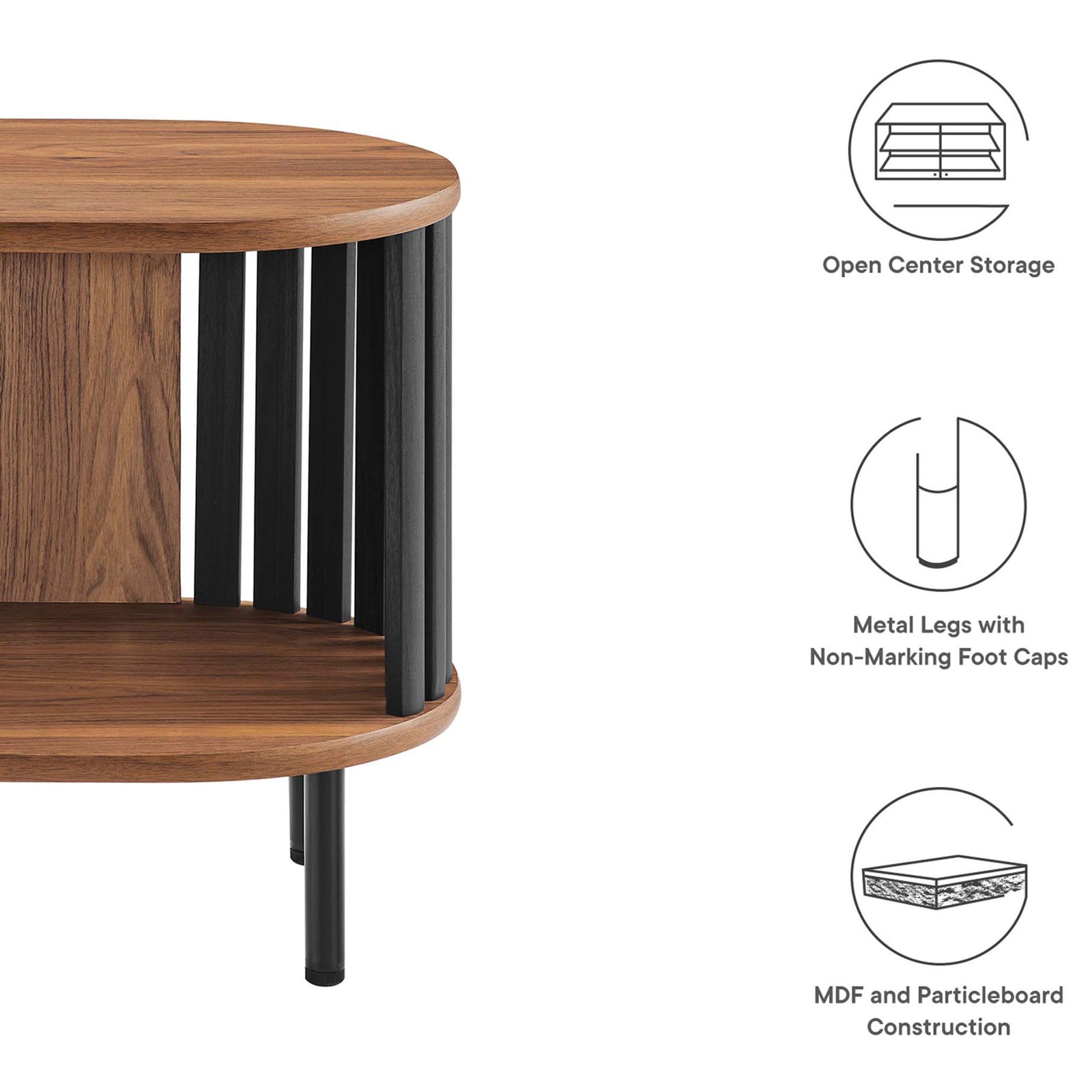 Fortitude side table with graphic callouts for open center storage, metal legs, and durable construction || EEI-6523-WAL-BLK || callout_studio