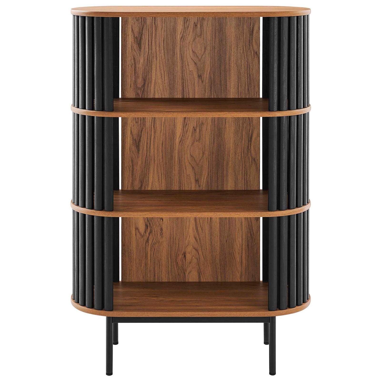 Walnut three-tier display cabinet with black slat sides and round metal legs, perfect for books and decor || EEI-6524-WAL-BLK || front_studio