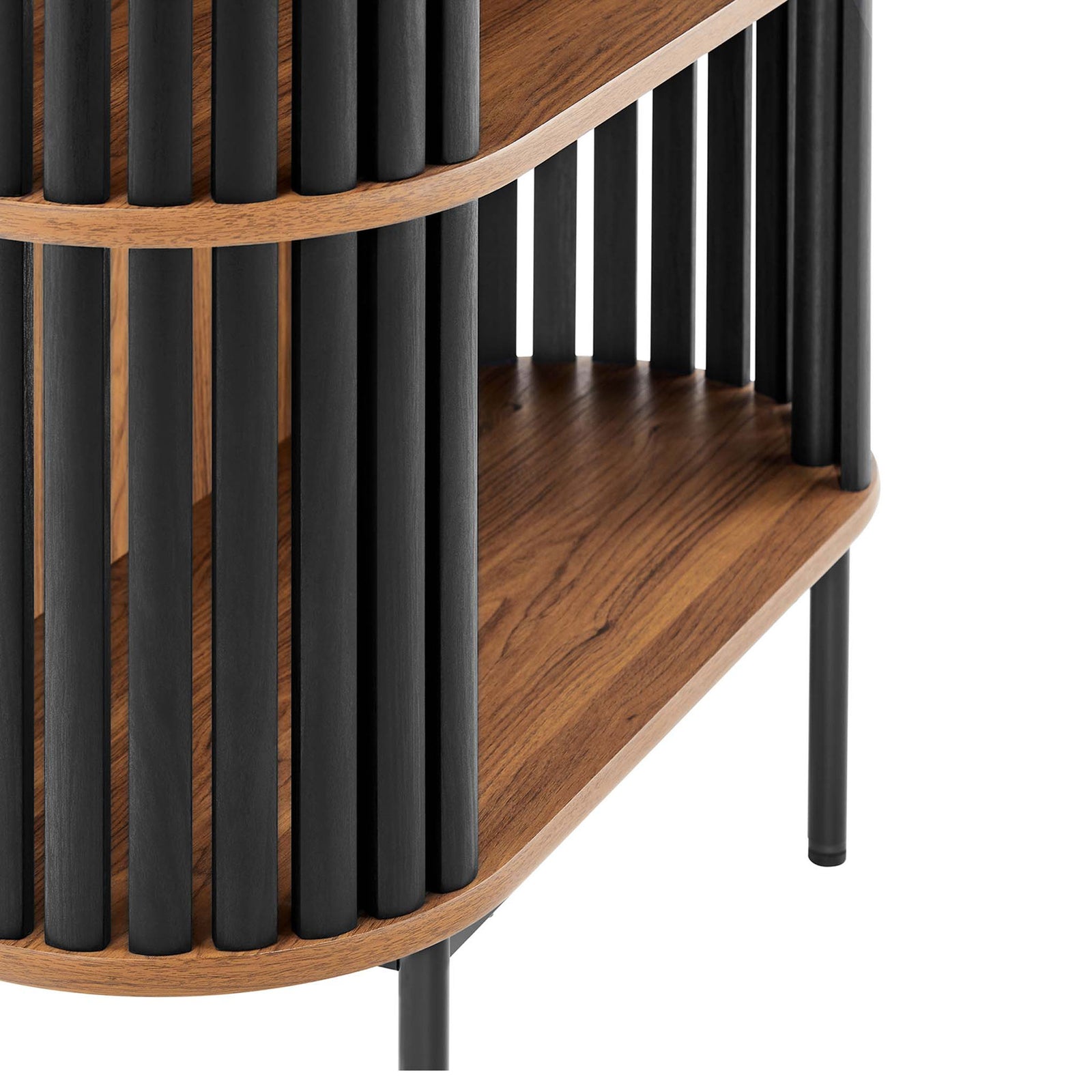 Walnut grain and rounded edges meet matte black slats and a sturdy metal leg || EEI-6524-WAL-BLK || detail_studio
