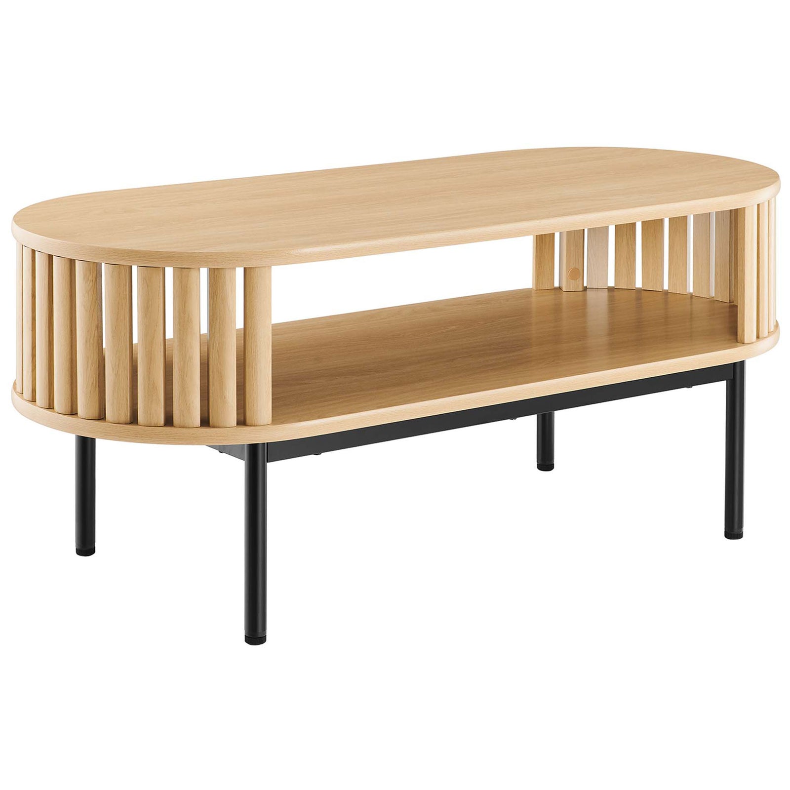 Streamlined oak oval table showcasing slatted wrap, airy storage shelf, and sturdy black legs || EEI-6525-OAK || front_angle_studio