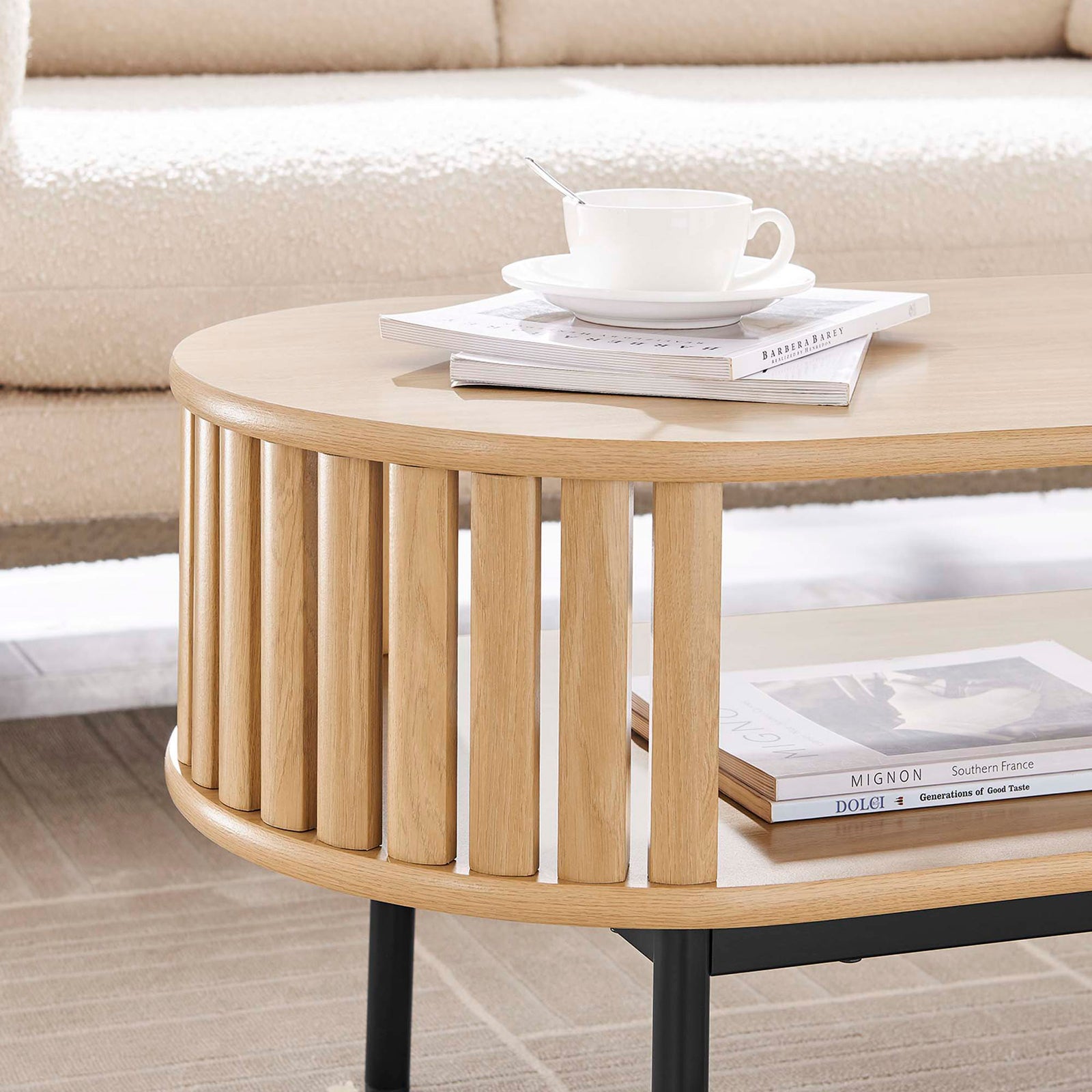 Textured wood grain and rounded slats add warmth while keeping items within easy reach || EEI-6525-OAK || detail_room