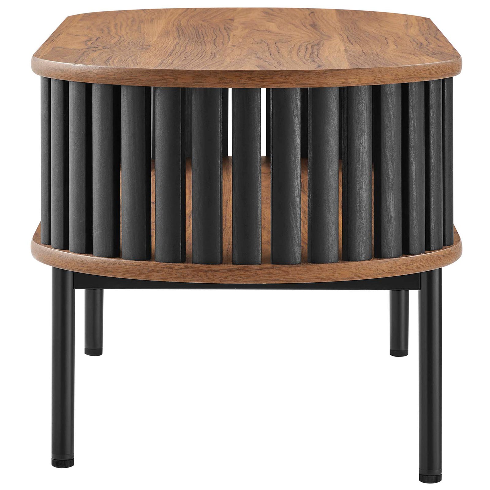 Slim oval silhouette with airy open shelf and bold black slat detailing || EEI-6525-WAL-BLK || side_studio