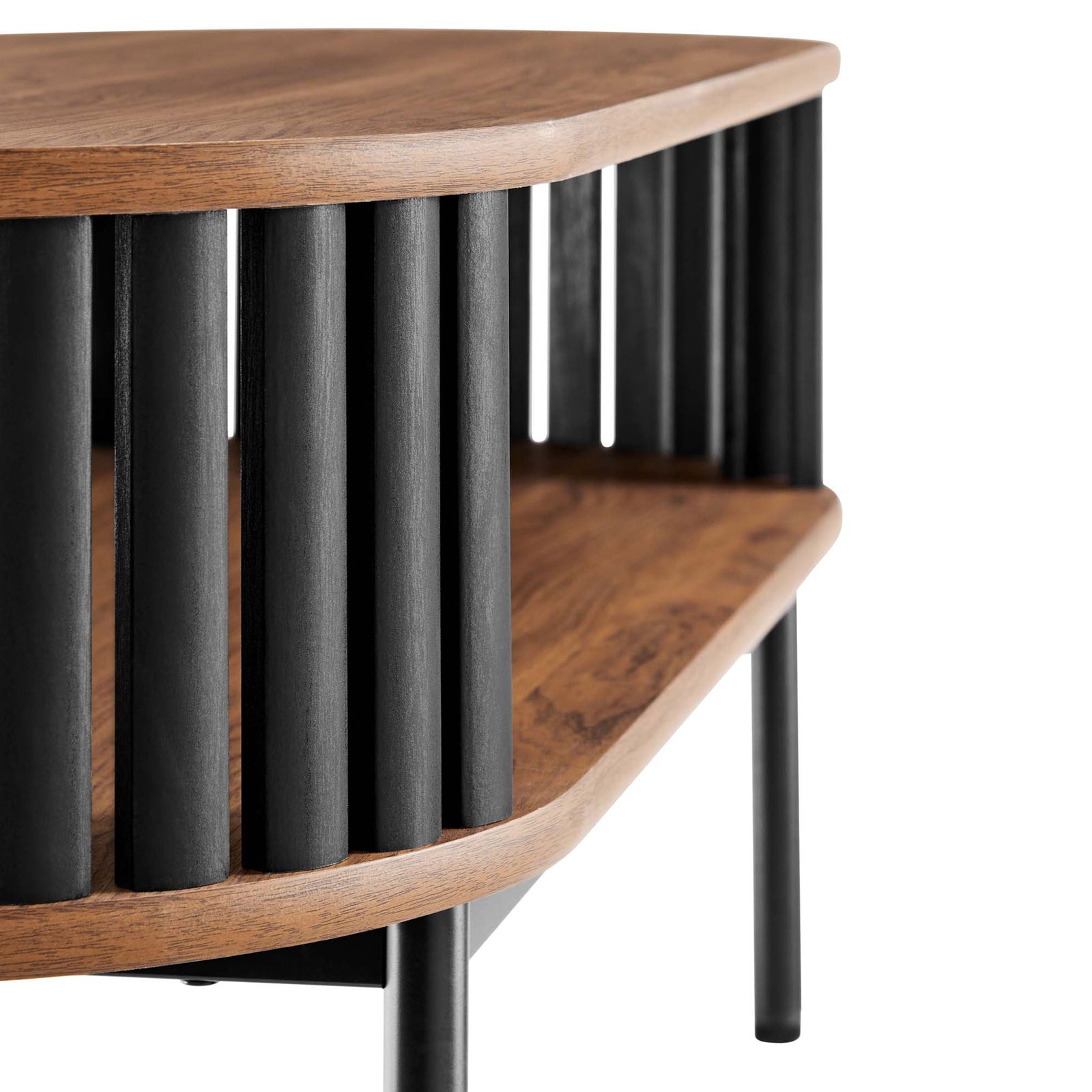Rounded edges and smooth wood grain contrast with matte black slats for a refined look || EEI-6525-WAL-BLK || detail_studio