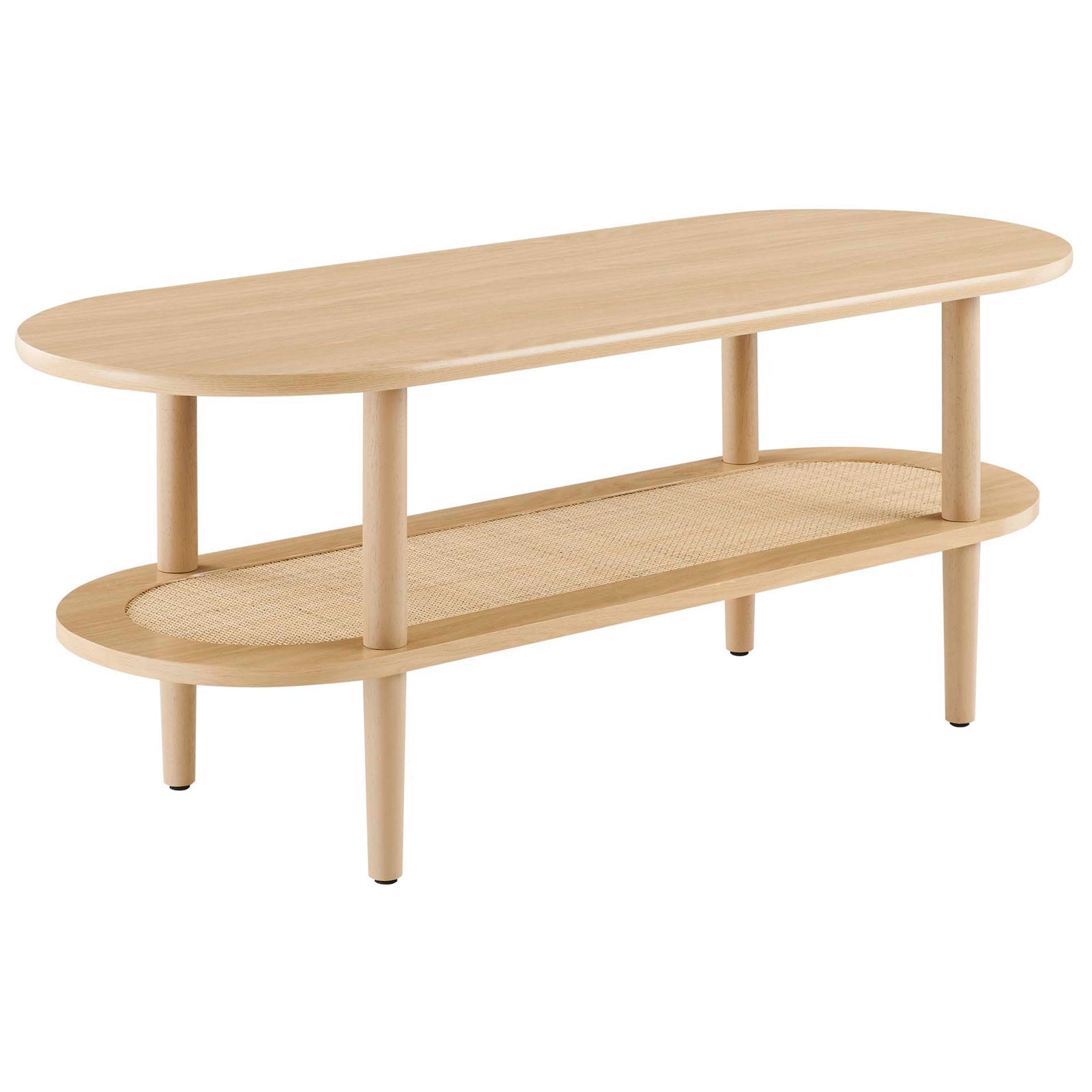 Two-tier design pairs a smooth oak finish with a spacious cane shelf and slender round legs || EEI-6526-OAK || front_angle_studio