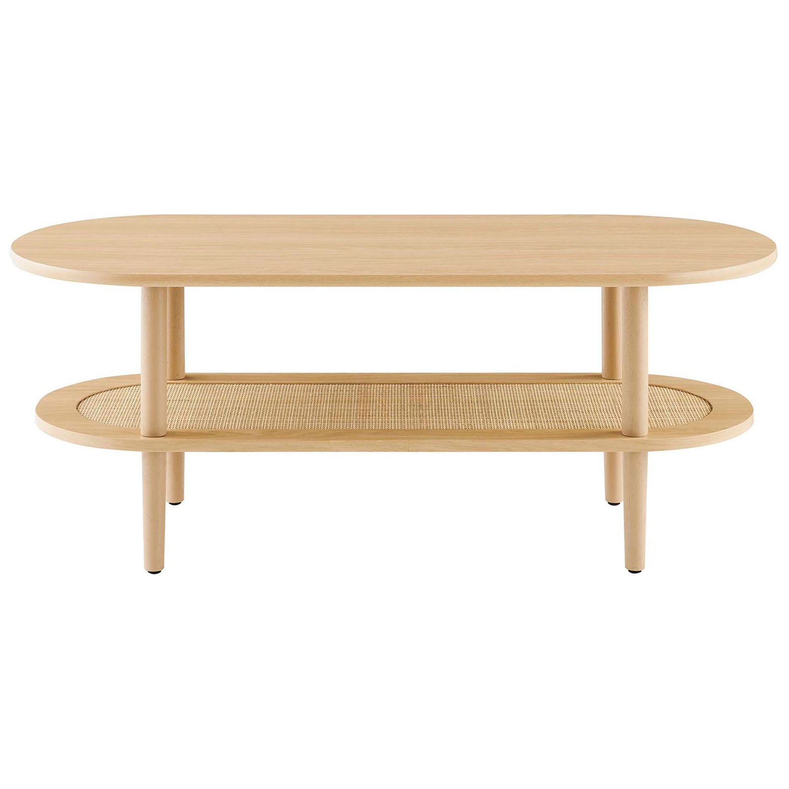 Sleek oval coffee table with oak wood-grain top and airy woven rattan lower shelf || EEI-6526-OAK || front_studio