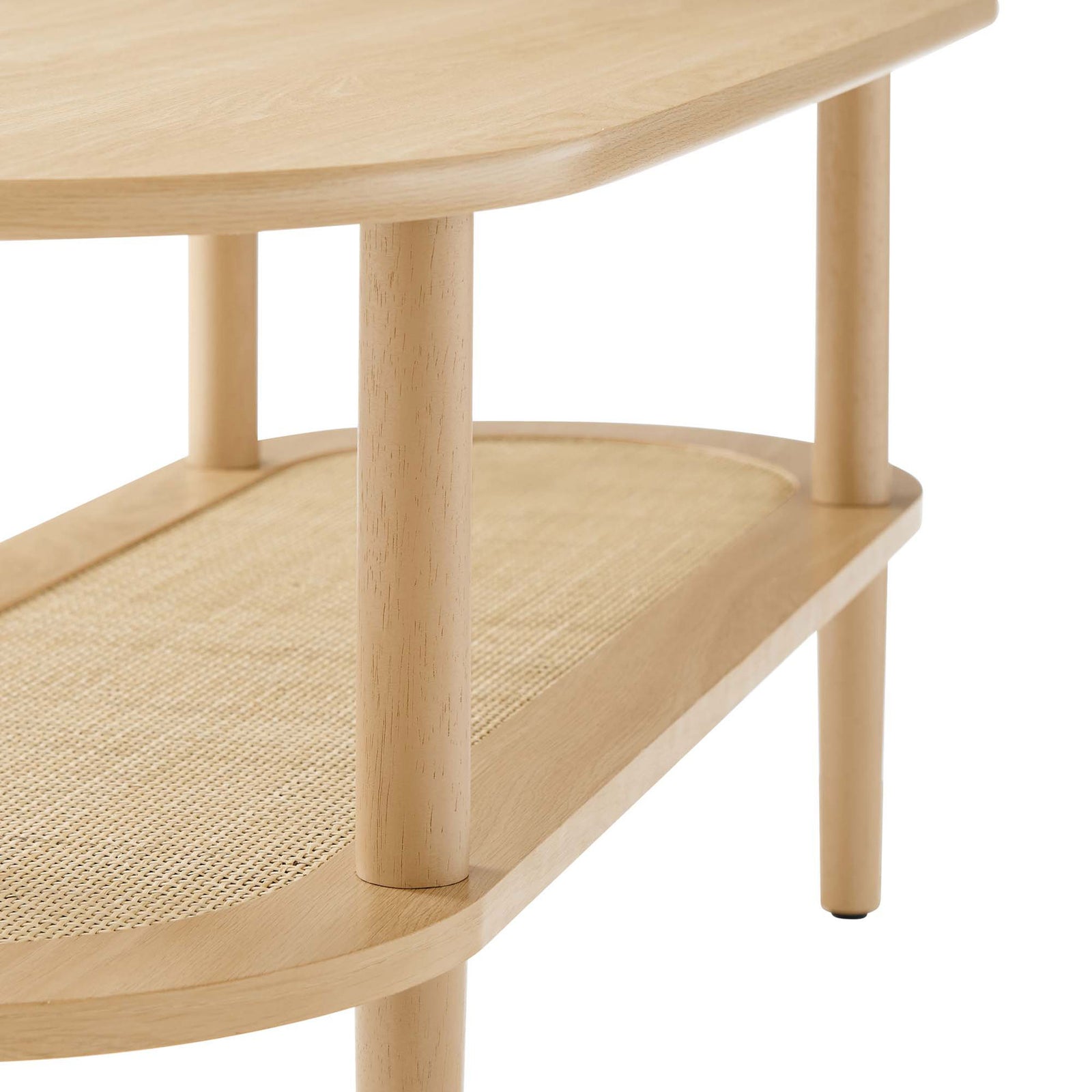 Close-up of wood-grain top and woven rattan shelf with smooth rounded edging || EEI-6526-OAK || detail_studio