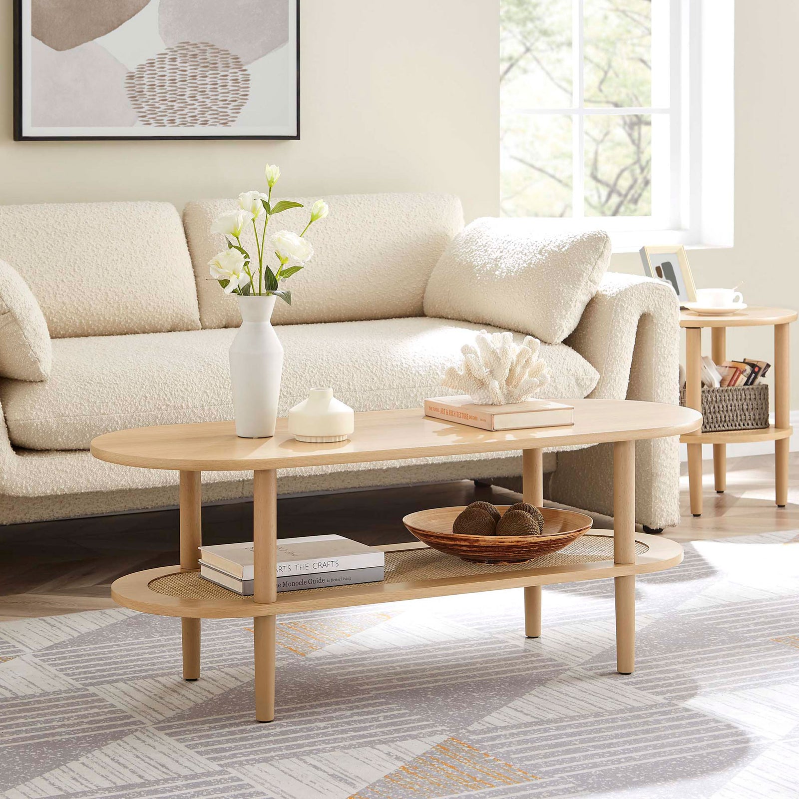 Warm oak finish complements cozy decor while the open shelf keeps books and accents handy || EEI-6526-OAK || front_angle_room