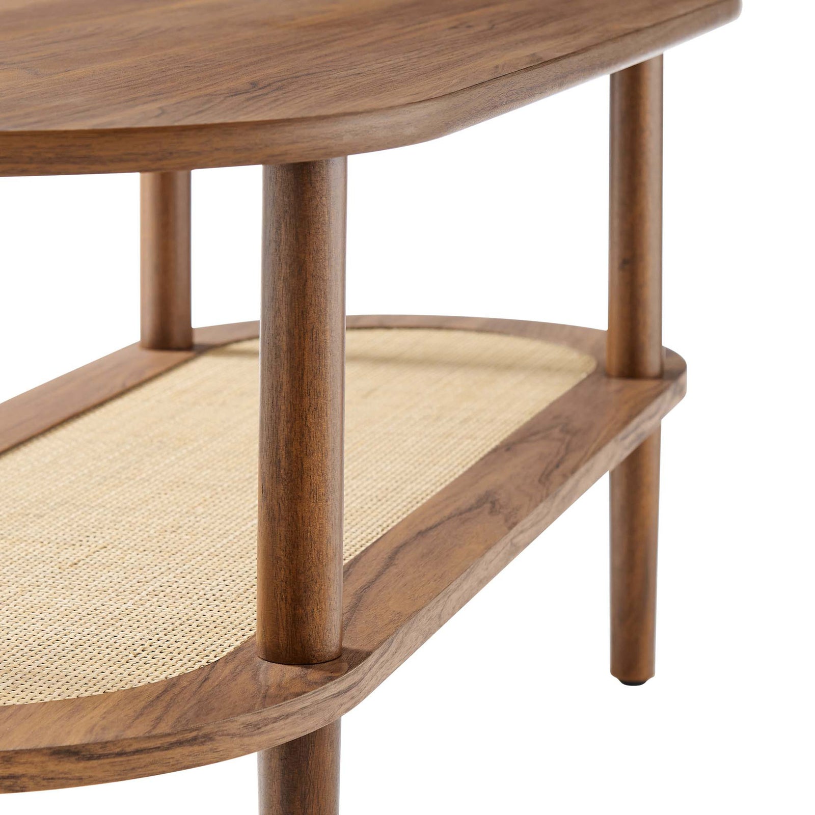Wood grain laminate top pairs with a woven rattan shelf to add texture and contrast. || EEI-6526-WAL || detail_studio
