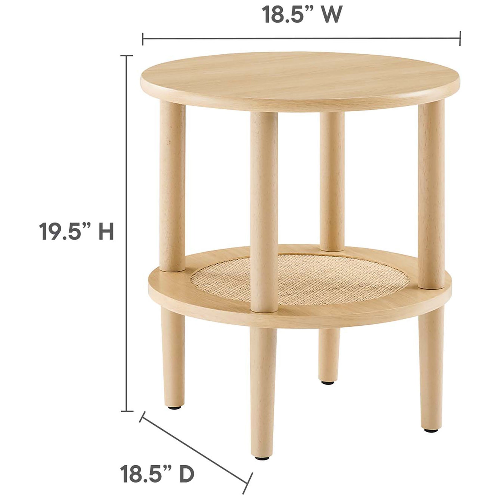 Compact round side table with oak finish measuring 18.5 inches wide and 19.5 inches high || EEI-6527-OAK || dimension_studio
