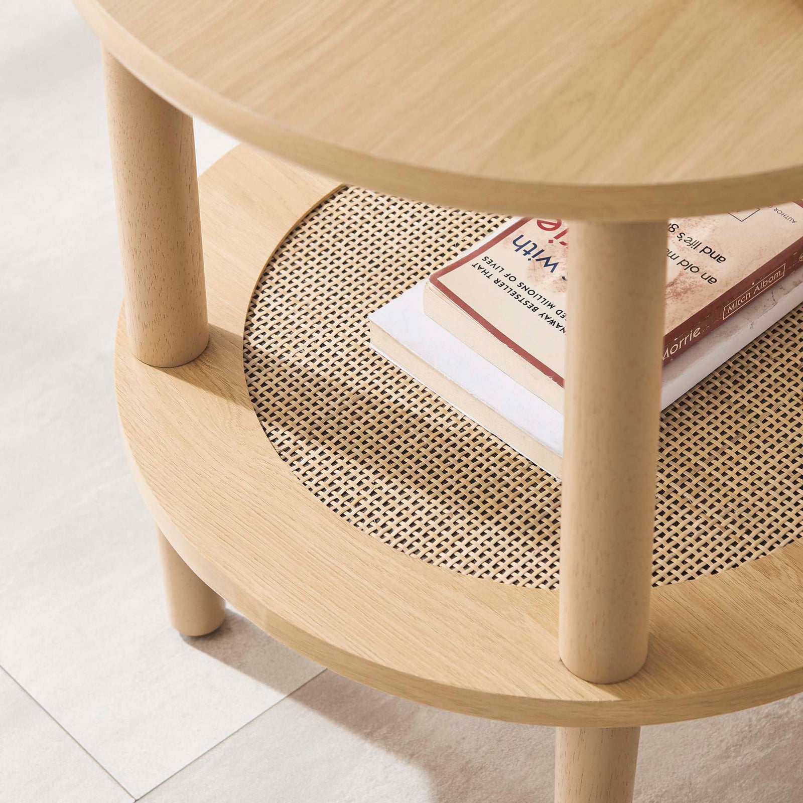 Lower rattan shelf holds books and decor while the oak top keeps essentials within easy reach || EEI-6527-OAK || storage_room