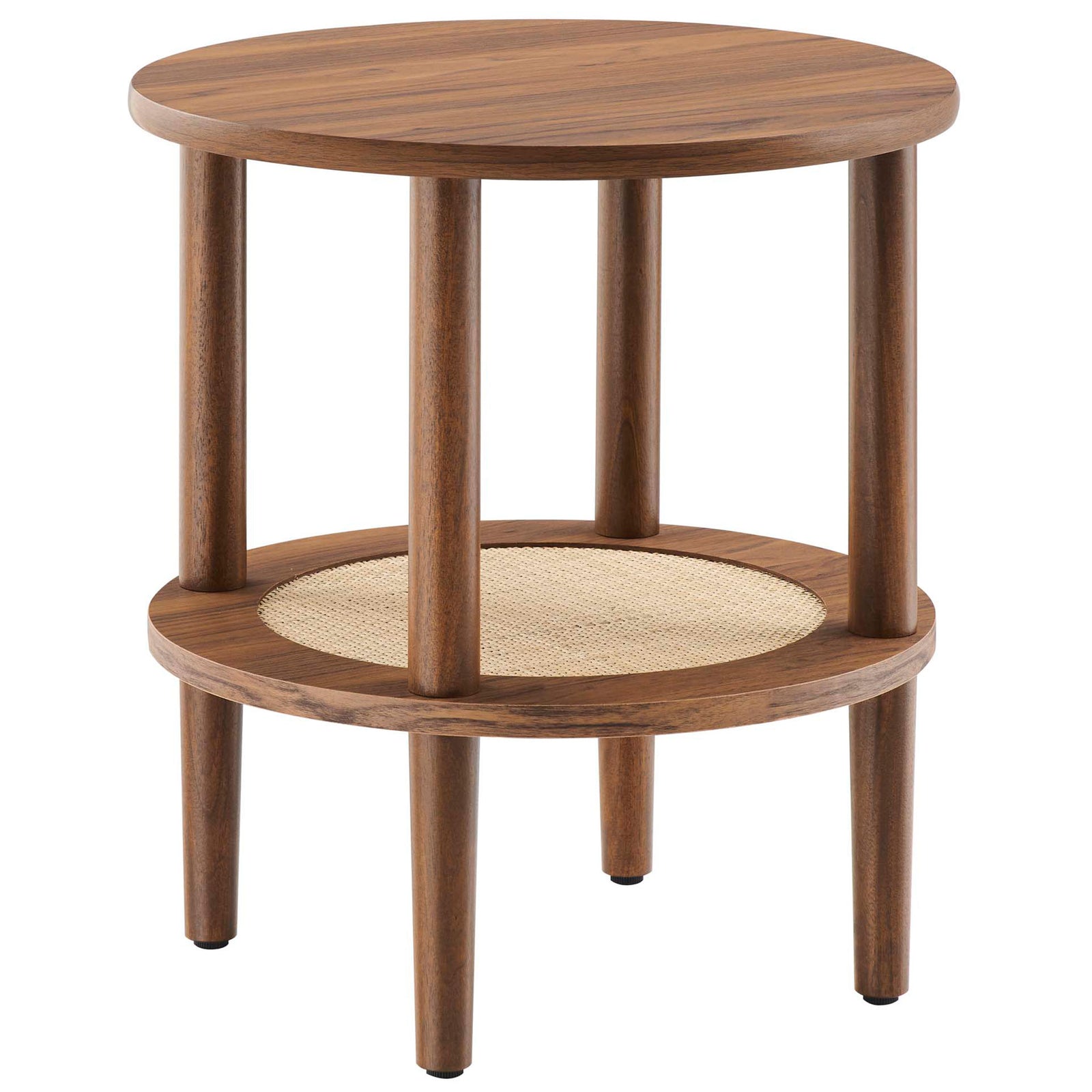 Walnut round side table with wood grain finish and open rattan shelf for airy two-tier storage || EEI-6527-WAL || front_angle_studio