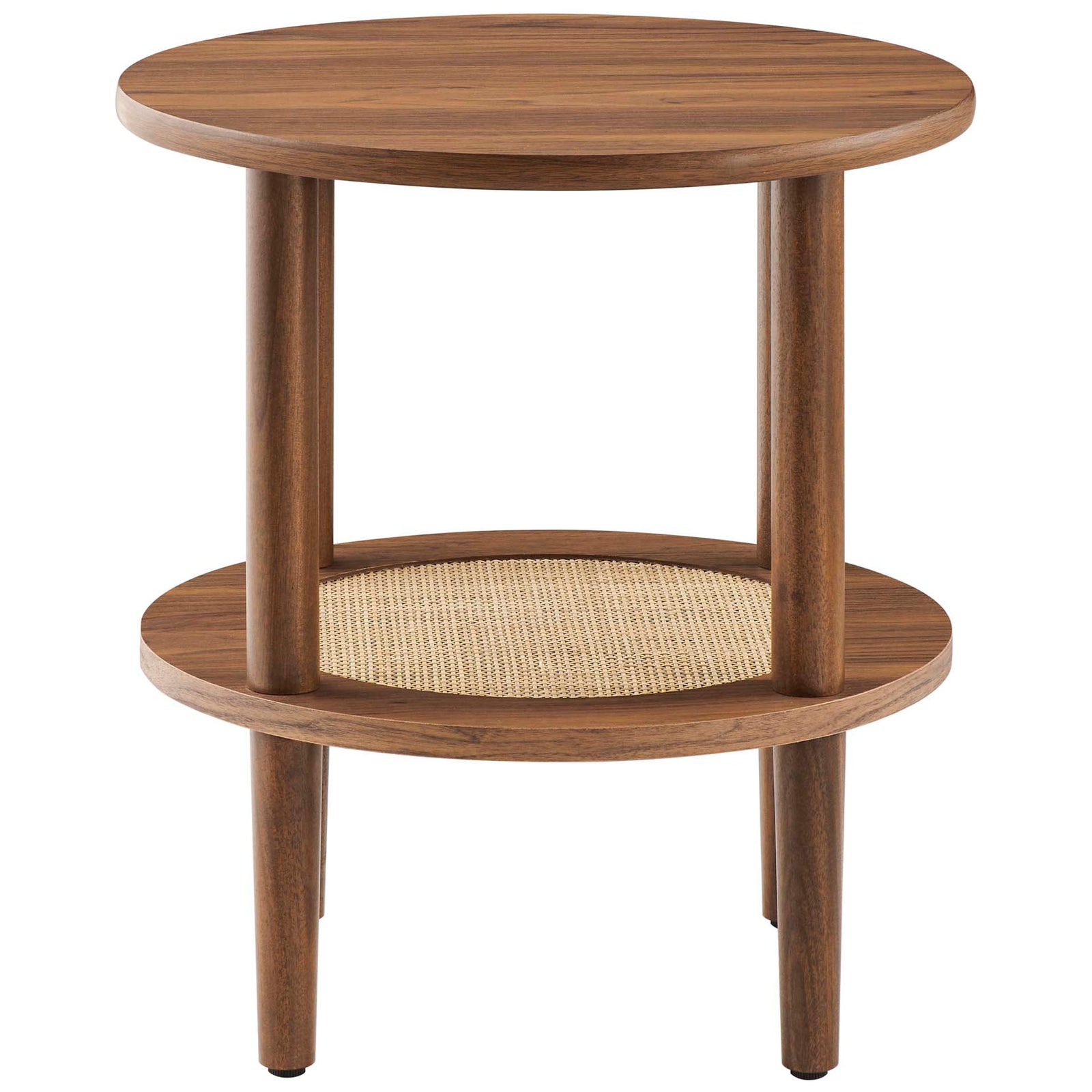 Compact walnut side table with smooth round top and woven rattan lower shelf for books or decor || EEI-6527-WAL || front_studio