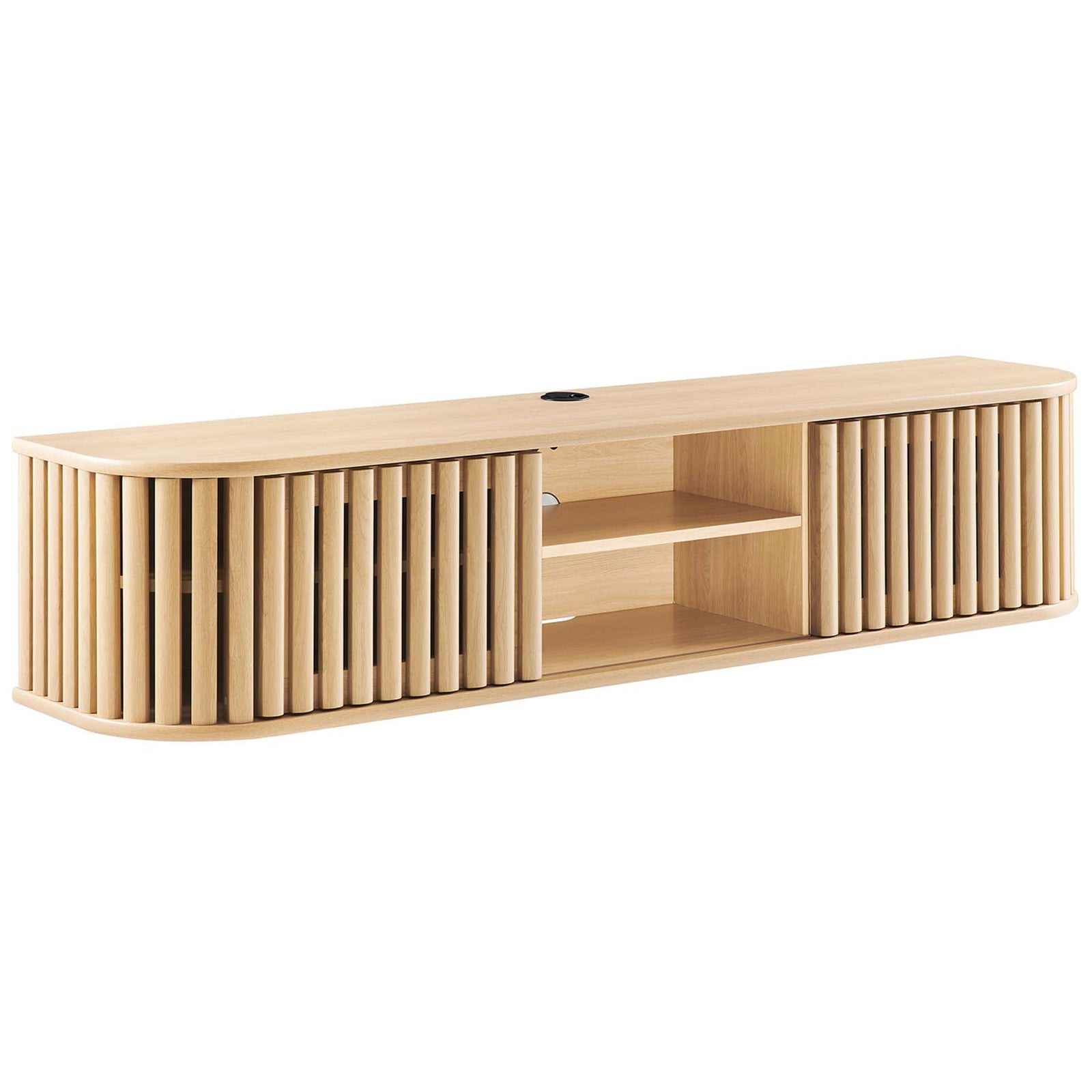 Oak wall mounted TV stand with slatted sliding doors, open center shelves, and top cable grommet || EEI-6528-OAK || front_angle_studio