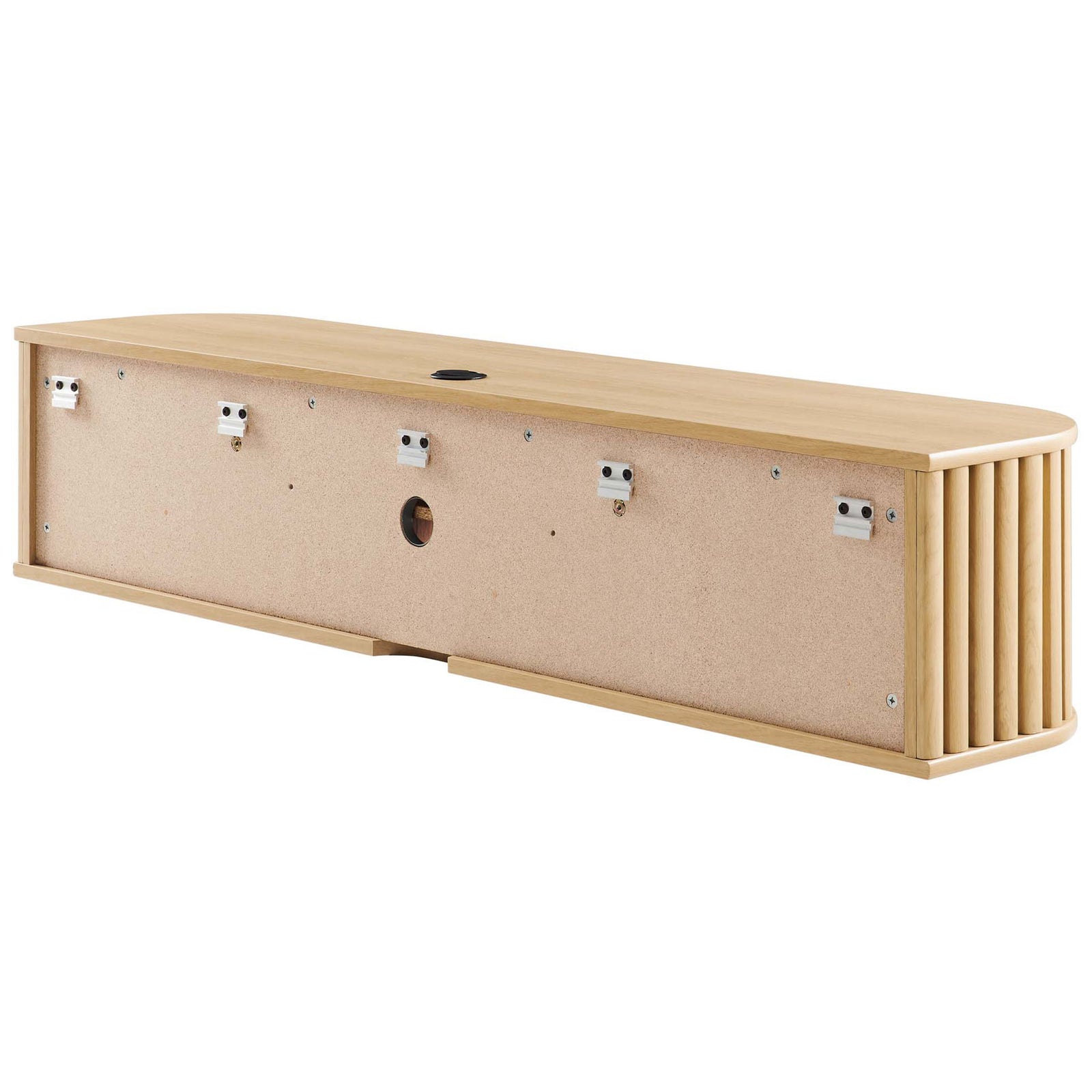 Rear of oak wall mounted TV stand showing mounting brackets and central cable management openings || EEI-6528-OAK || back_angle_studio