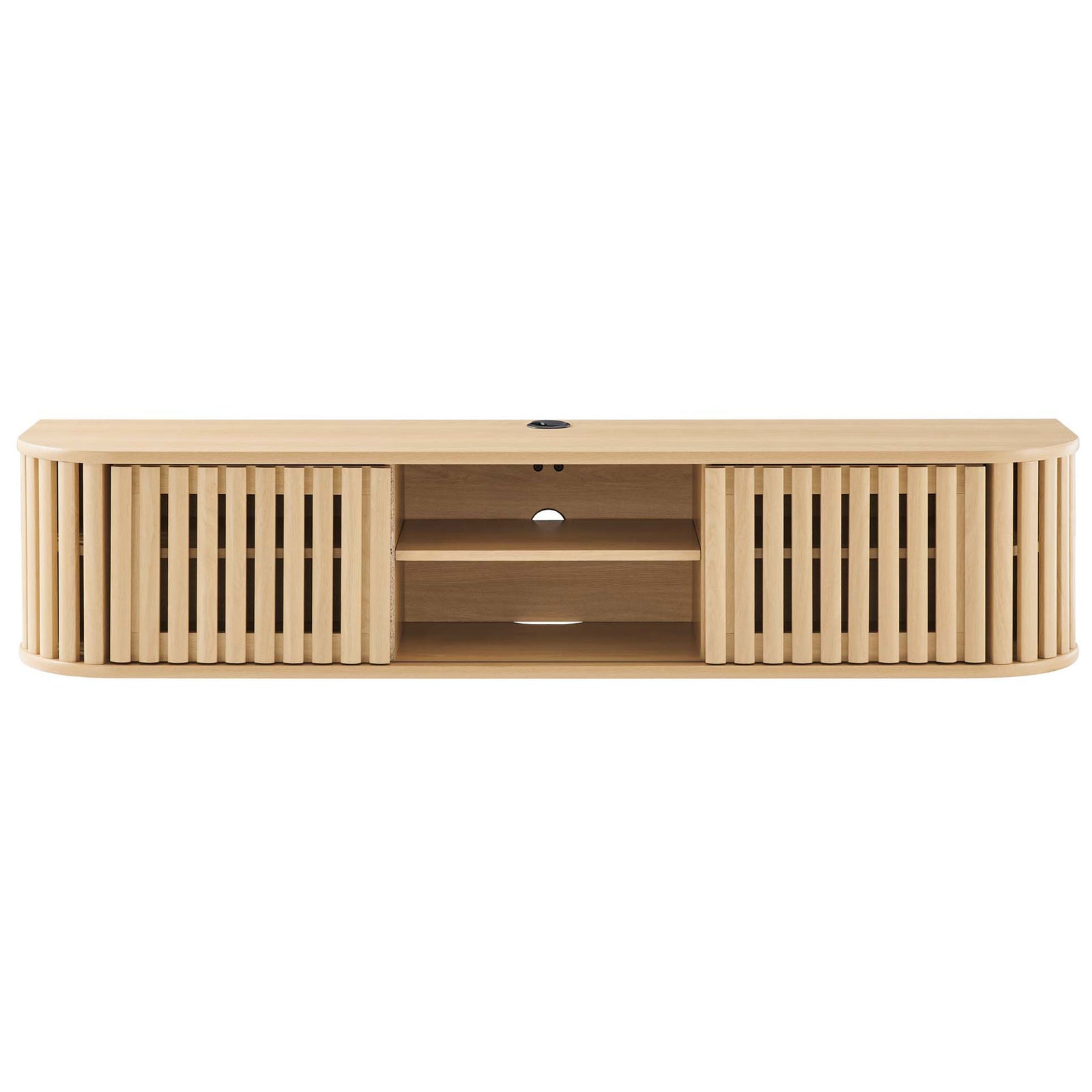 Oak wall mounted TV stand with open center shelves framed by slatted doors and discreet cable grommet || EEI-6528-OAK || front_studio