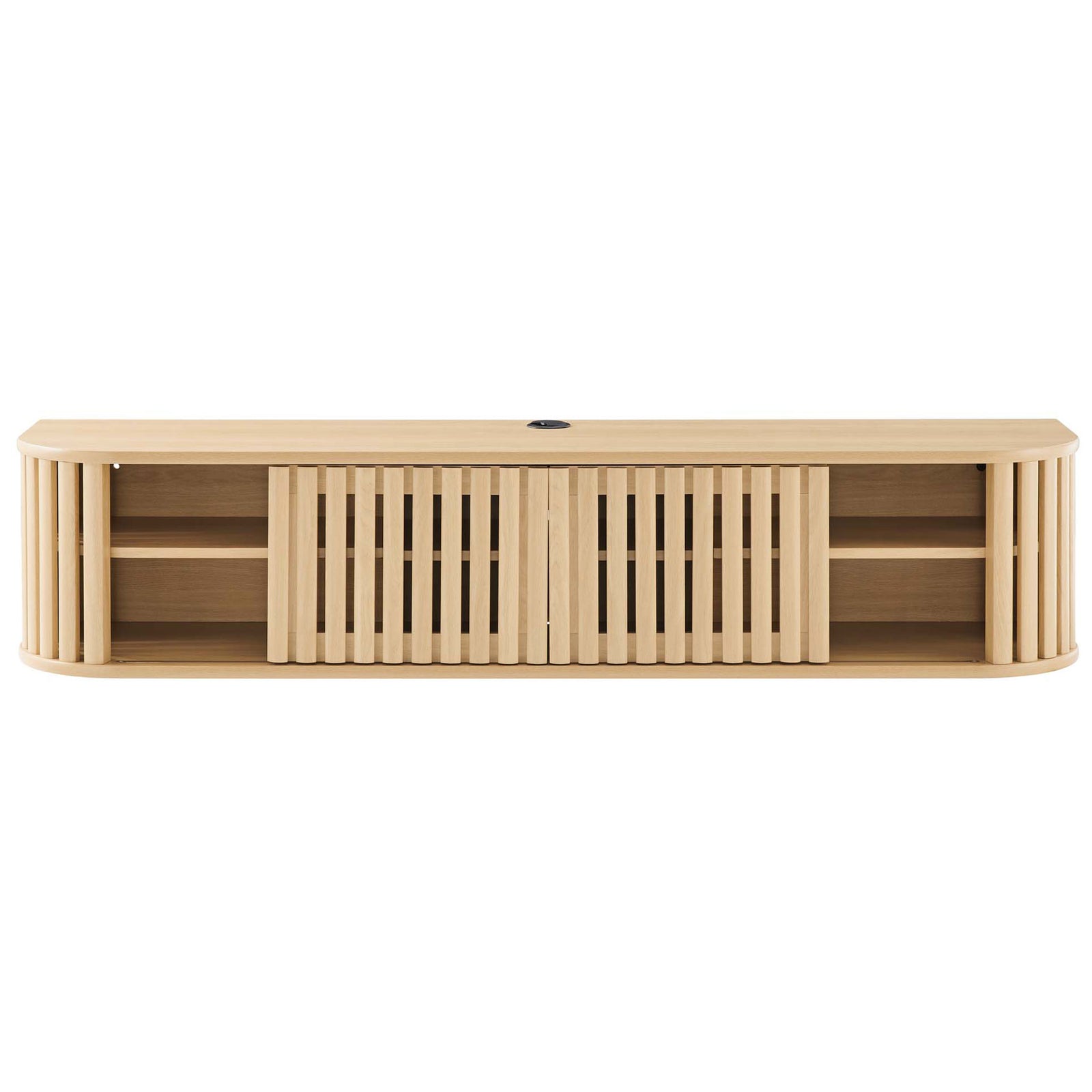 Oak wall mounted TV stand with slatted doors closed across the center for concealed media storage || EEI-6528-OAK || front_studio