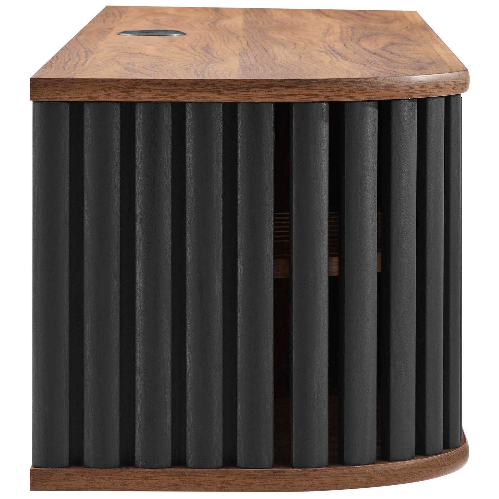 Rounded walnut cabinet end with bold black slats and recessed shelving for a floating media console || EEI-6528-WAL-BLK || side_studio