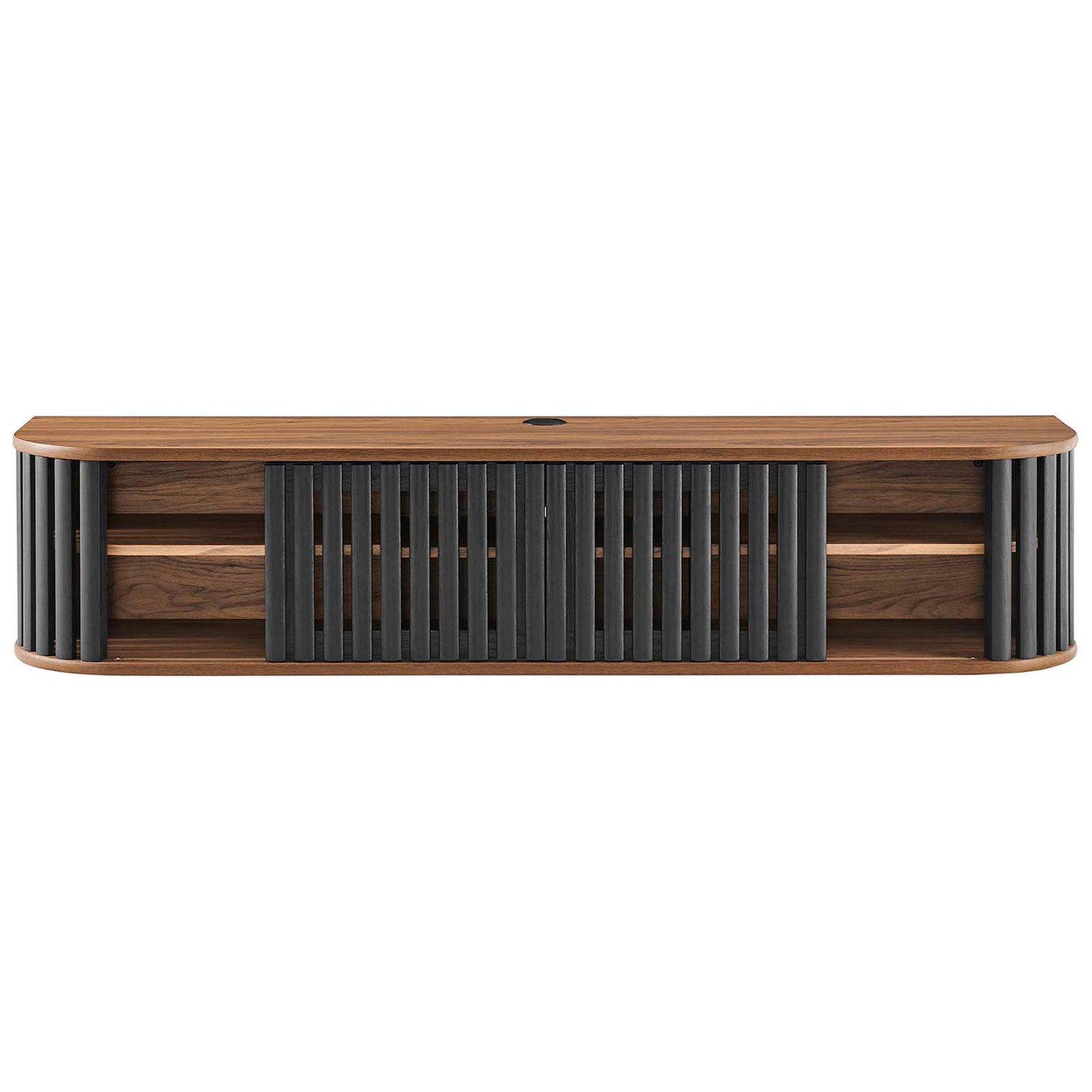 Walnut and black wall mounted TV stand with slatted doors closed across the center for hidden storage || EEI-6528-WAL-BLK || front_studio