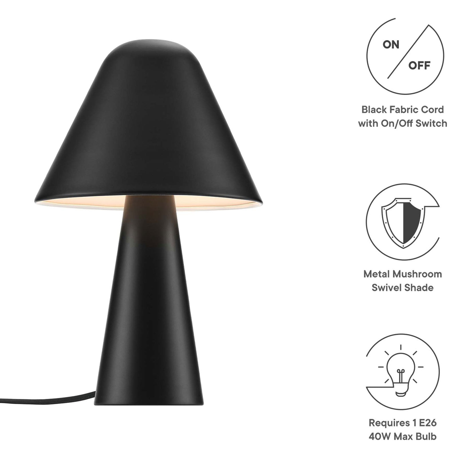 Black Jovial mushroom lamp features metal swivel shade, fabric cord, and easy on or off switch. || EEI-6529-BLK || callout_studio
