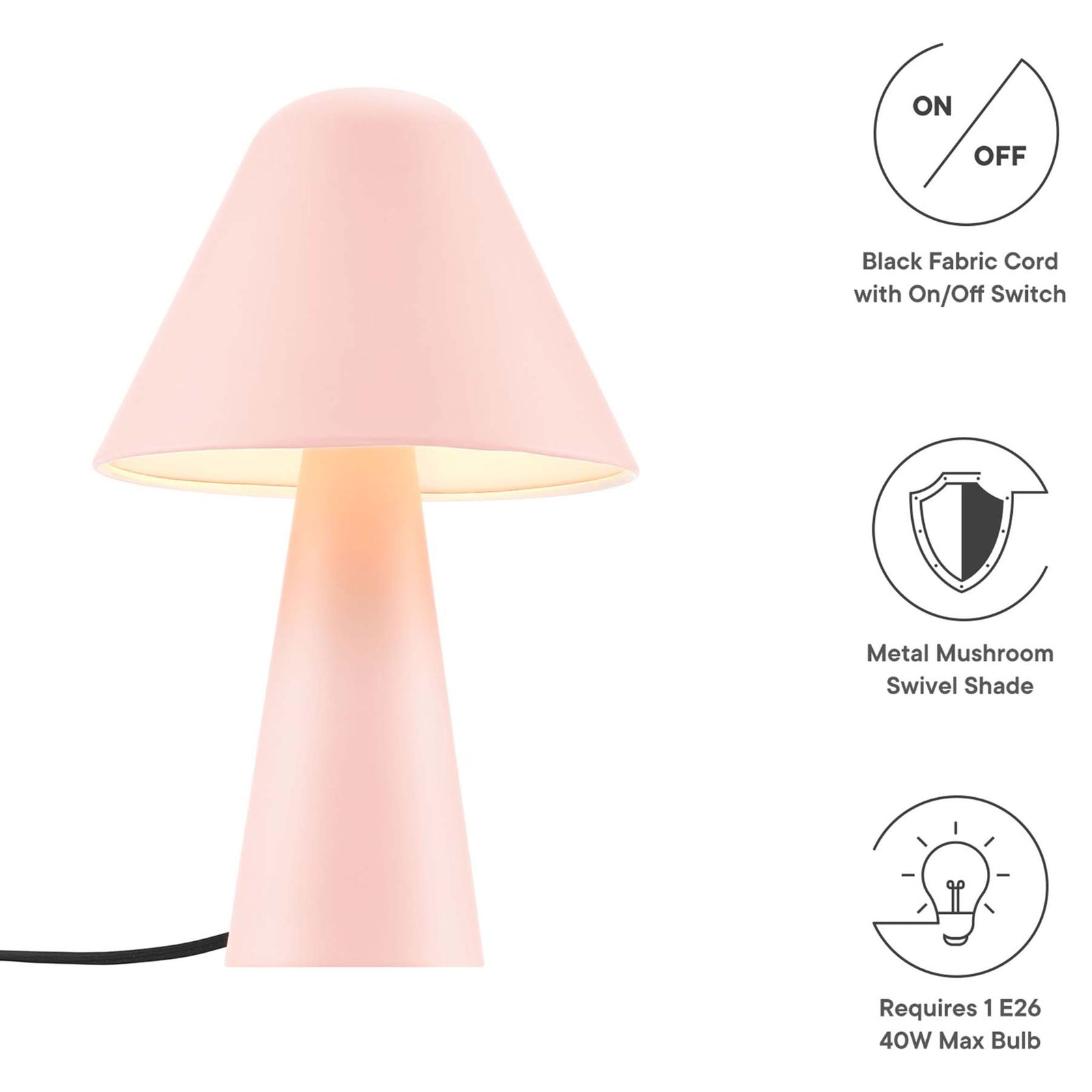 Pink Jovial mushroom lamp highlights its metal swivel shade, fabric cord, and simple switch. || EEI-6529-PNK || callout_studio