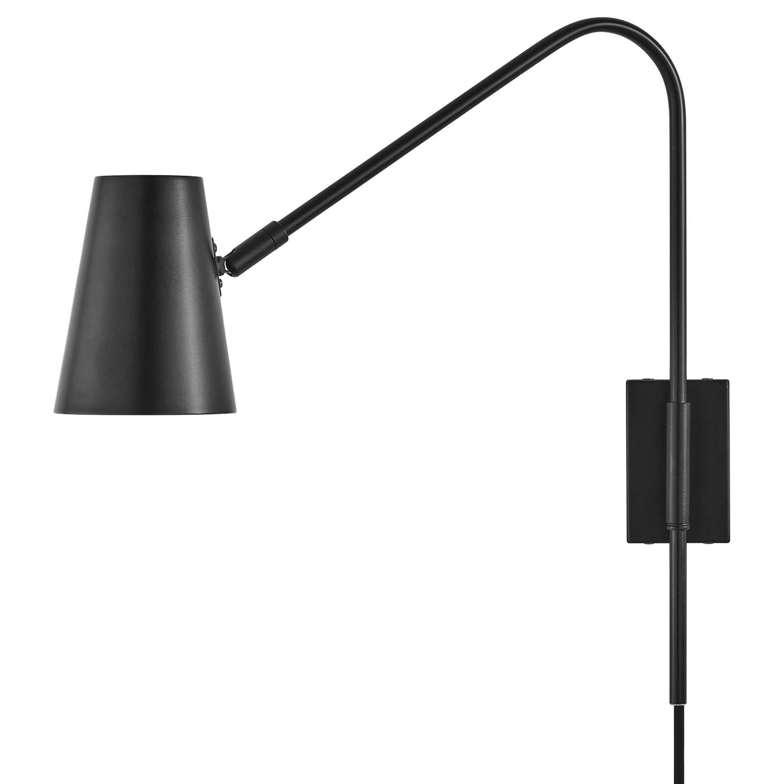 Slim black wall lamp with adjustable arm and tilted metal shade to direct light where needed || EEI-6532-BLK || front_studio