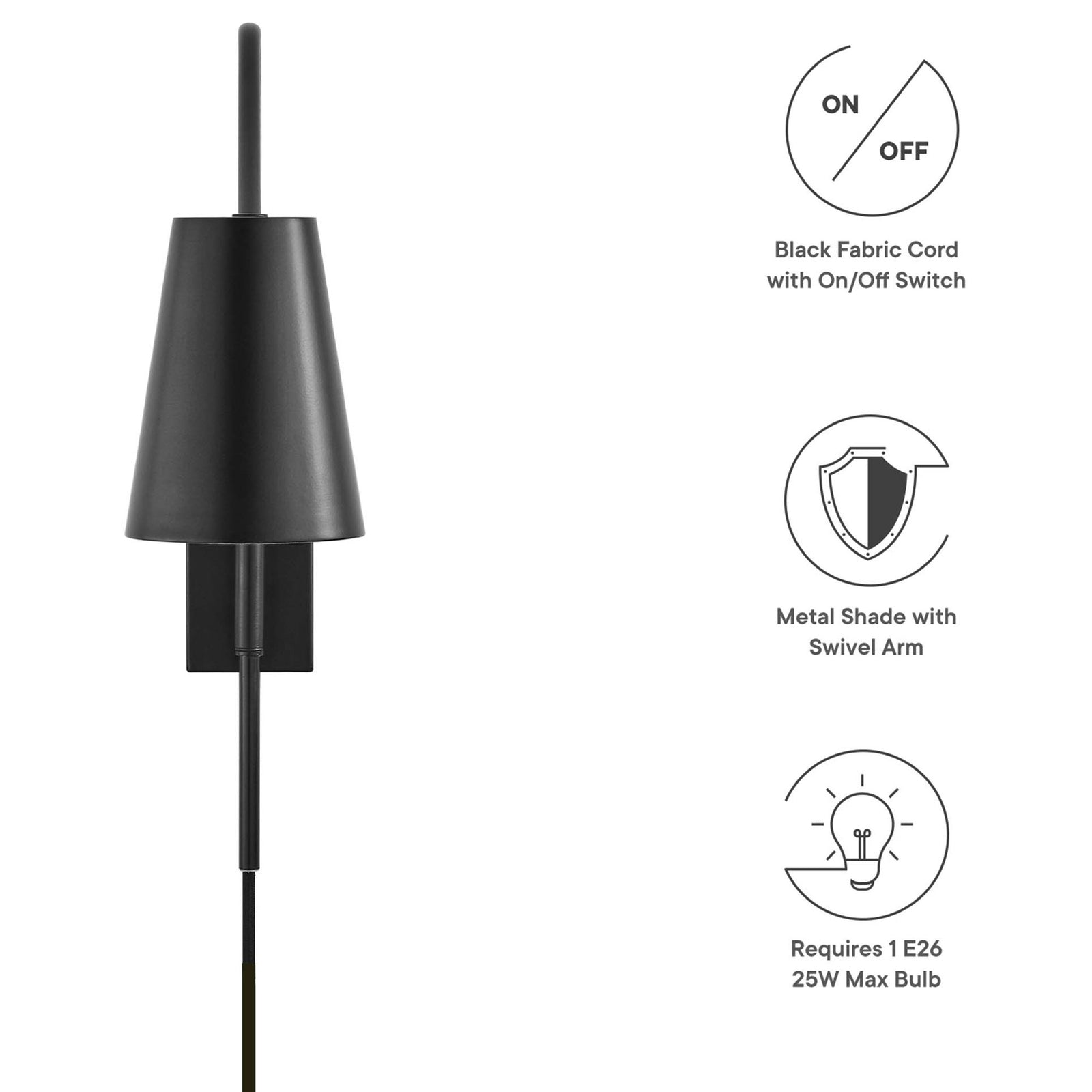 Feature graphic highlighting black fabric cord, swivel arm, and E26 bulb requirements for the Faye wall sconce || EEI-6532-BLK || callout_studio